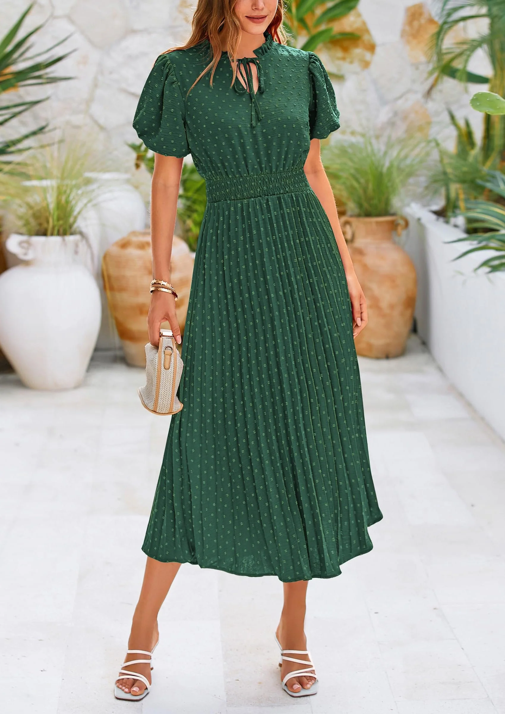 PRETTYGARDEN Womens Midi Dresses Puff Short Sleeve V Neck Swiss Dot Pleated A Line Flowy Long Wedding Guest Dress - Image 34