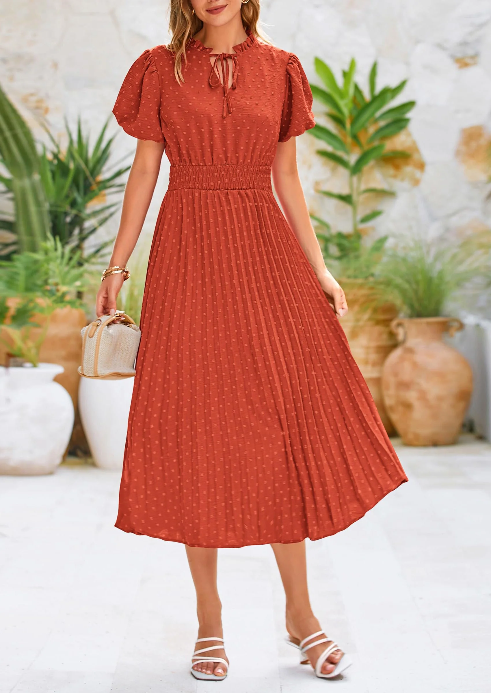 PRETTYGARDEN Womens Midi Dresses Puff Short Sleeve V Neck Swiss Dot Pleated A Line Flowy Long Wedding Guest Dress - Image 4