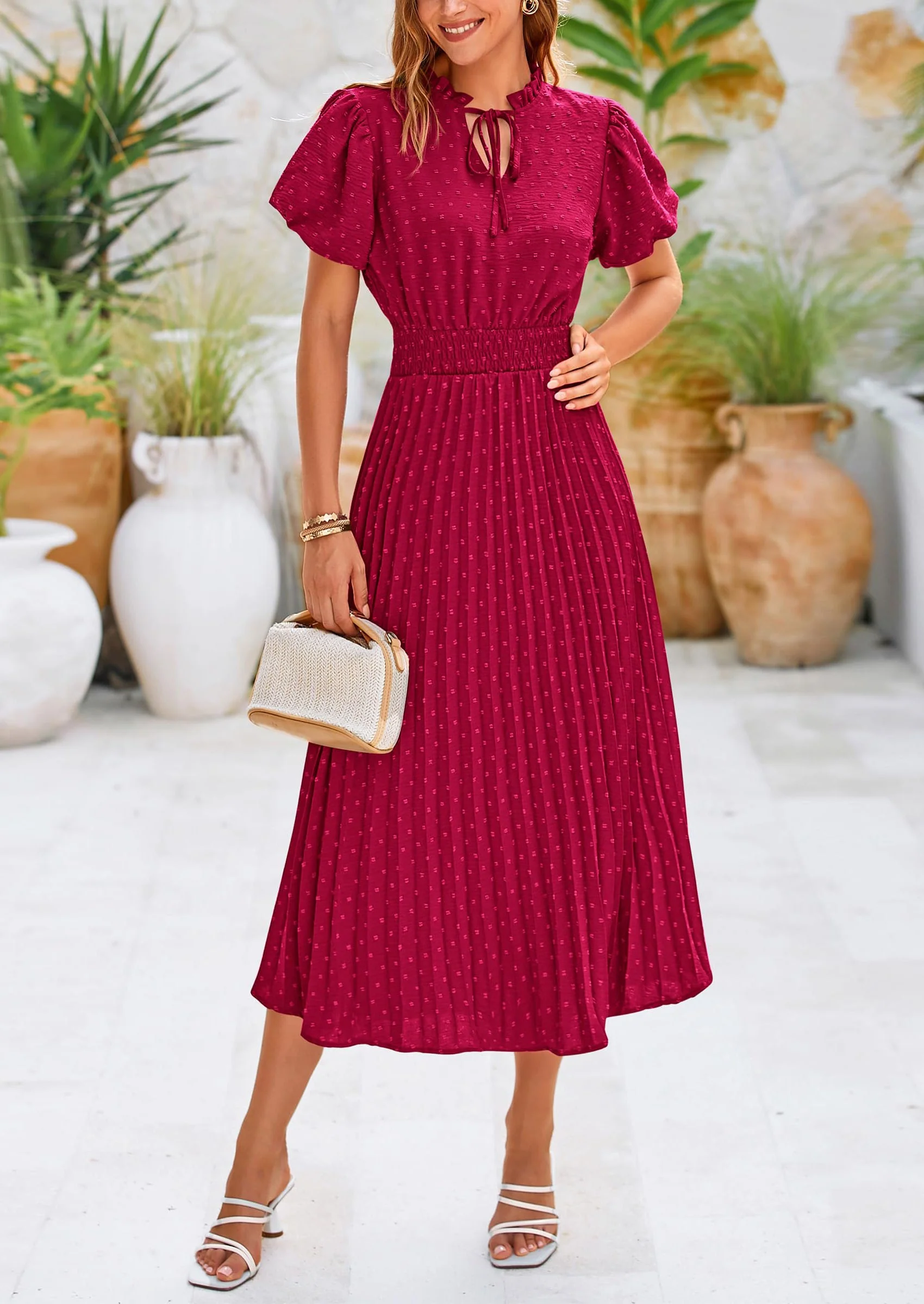 PRETTYGARDEN Womens Midi Dresses Puff Short Sleeve V Neck Swiss Dot Pleated A Line Flowy Long Wedding Guest Dress - Image 48