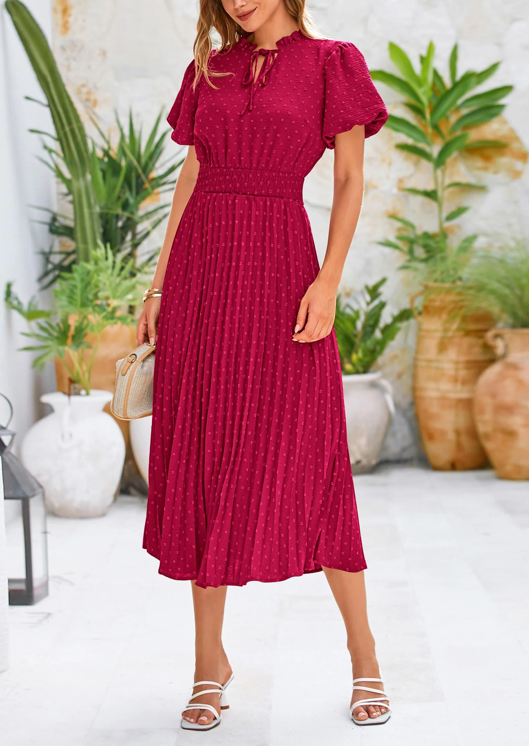 PRETTYGARDEN Womens Midi Dresses Puff Short Sleeve V Neck Swiss Dot Pleated A Line Flowy Long Wedding Guest Dress - Image 49