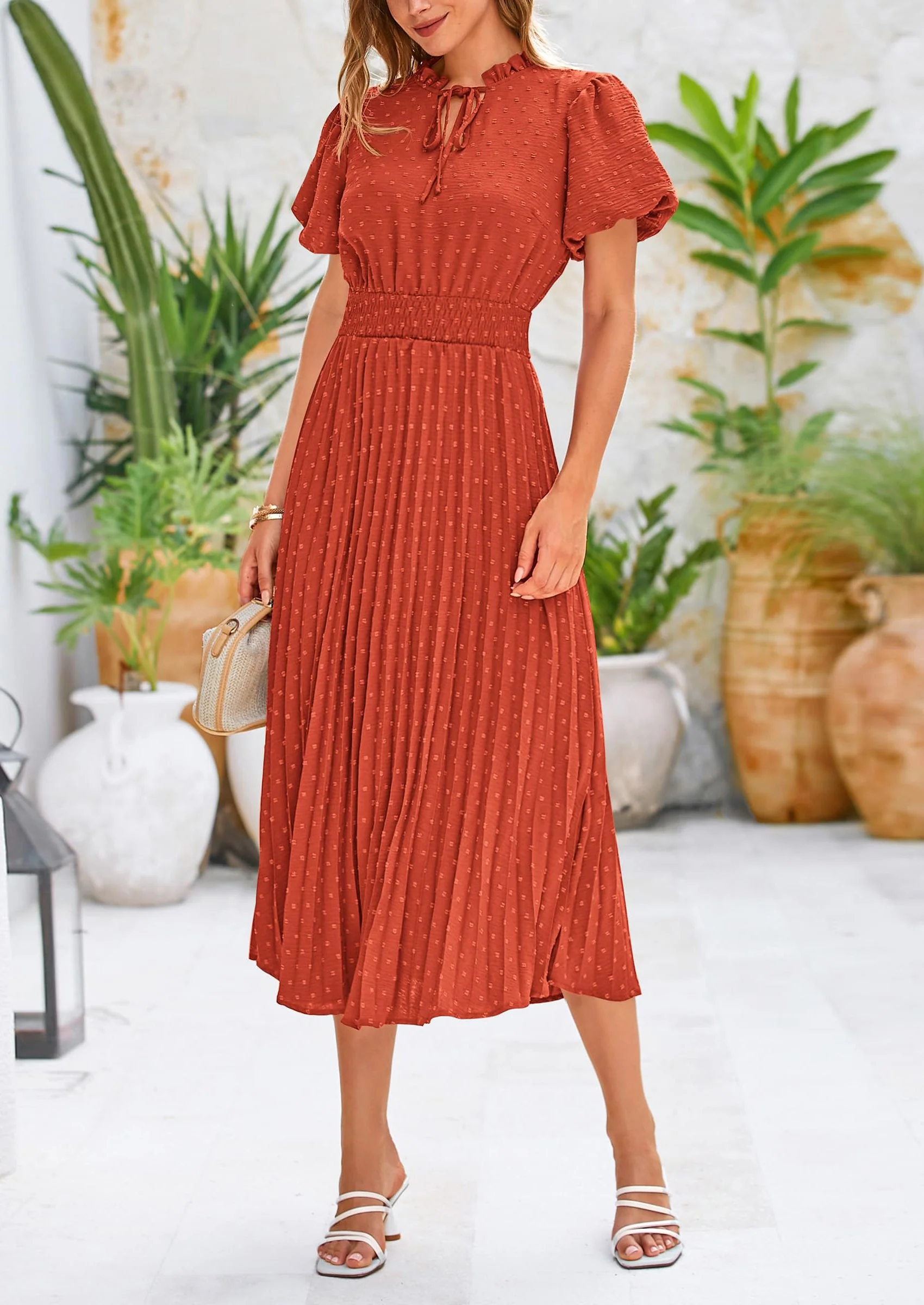 PRETTYGARDEN Womens Midi Dresses Puff Short Sleeve V Neck Swiss Dot Pleated A Line Flowy Long Wedding Guest Dress - Image 6