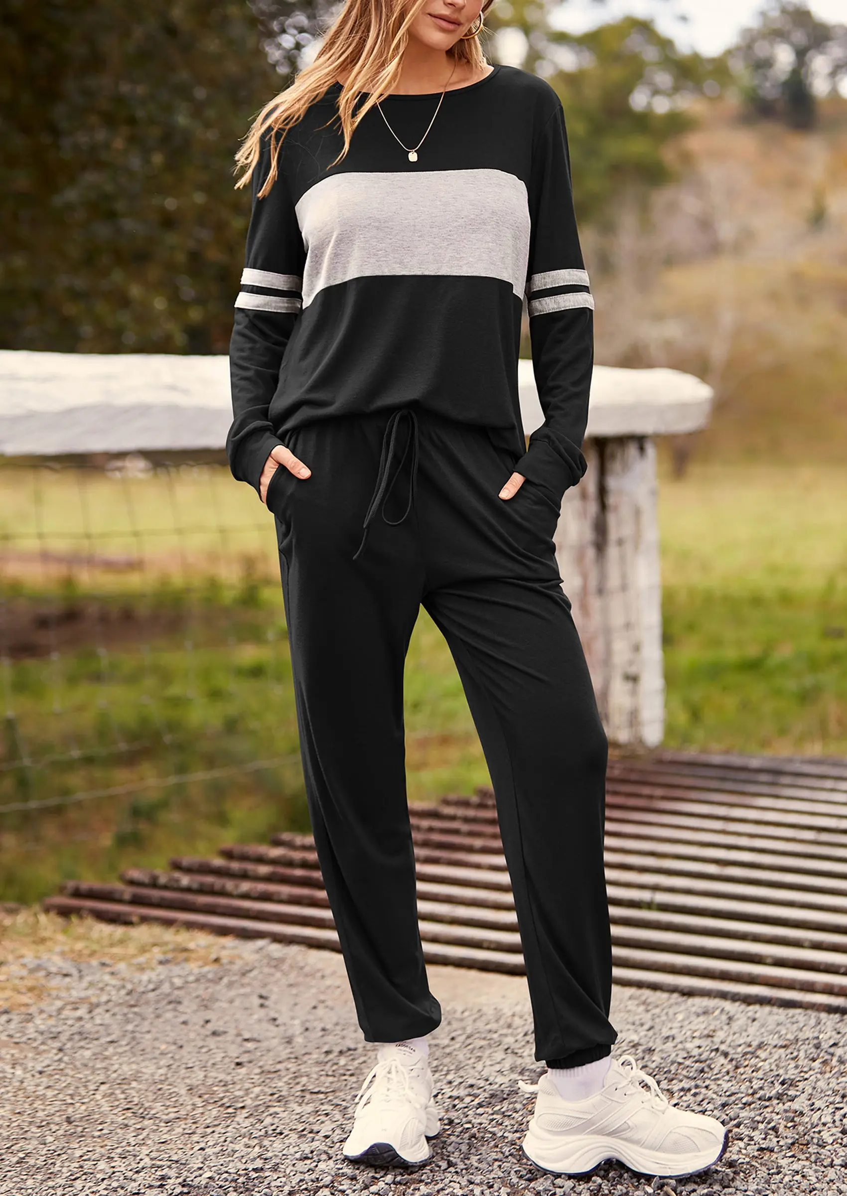 PRETTYGARDEN Women's Color Block 2 Piece Spring Tracksuit Crewneck Long Sleeve Tops Long Sweatpants Outfits Lounge Sets - Image 18