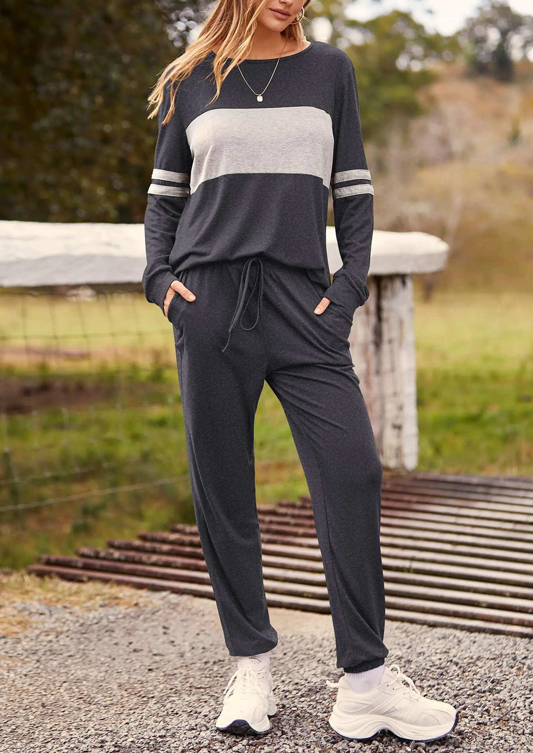 PRETTYGARDEN Women's Color Block 2 Piece Spring Tracksuit Crewneck Long Sleeve Tops Long Sweatpants Outfits Lounge Sets - Image 28