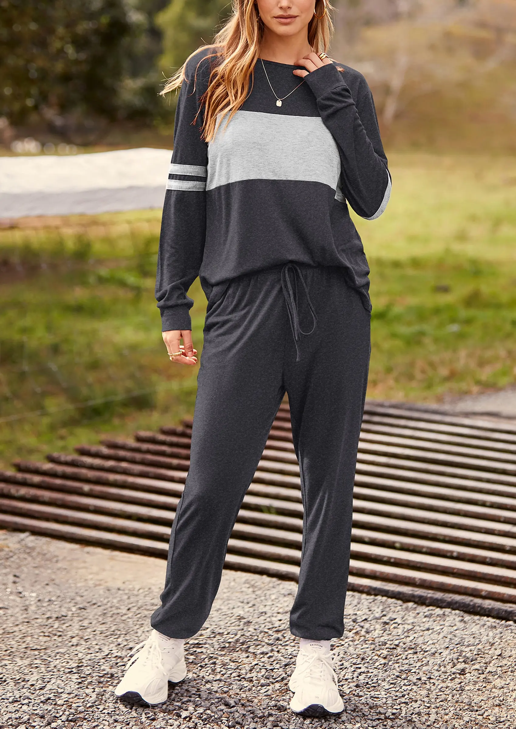 PRETTYGARDEN Women's Color Block 2 Piece Spring Tracksuit Crewneck Long Sleeve Tops Long Sweatpants Outfits Lounge Sets - Image 29