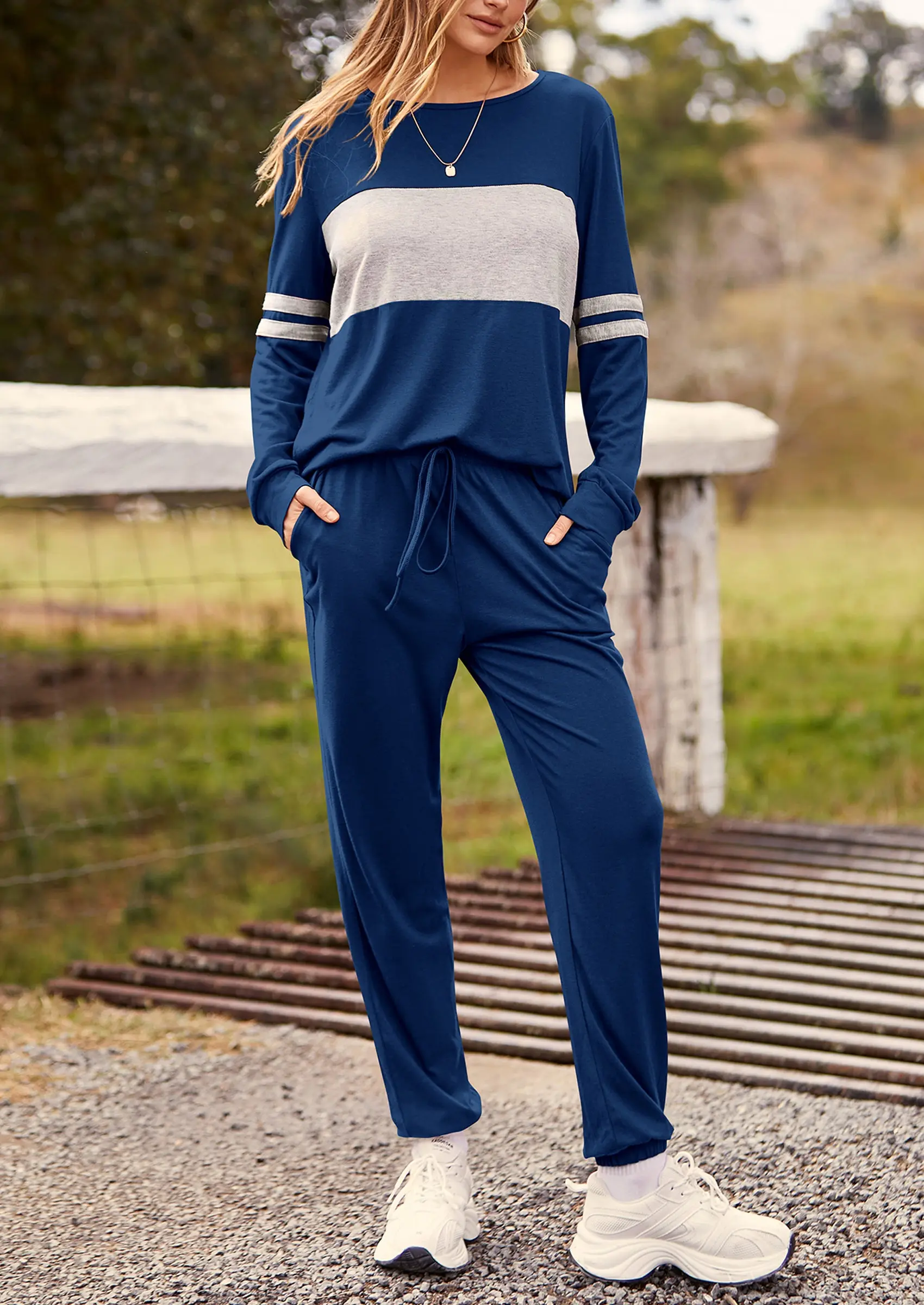 PRETTYGARDEN Women's Color Block 2 Piece Spring Tracksuit Crewneck Long Sleeve Tops Long Sweatpants Outfits Lounge Sets - Image 41