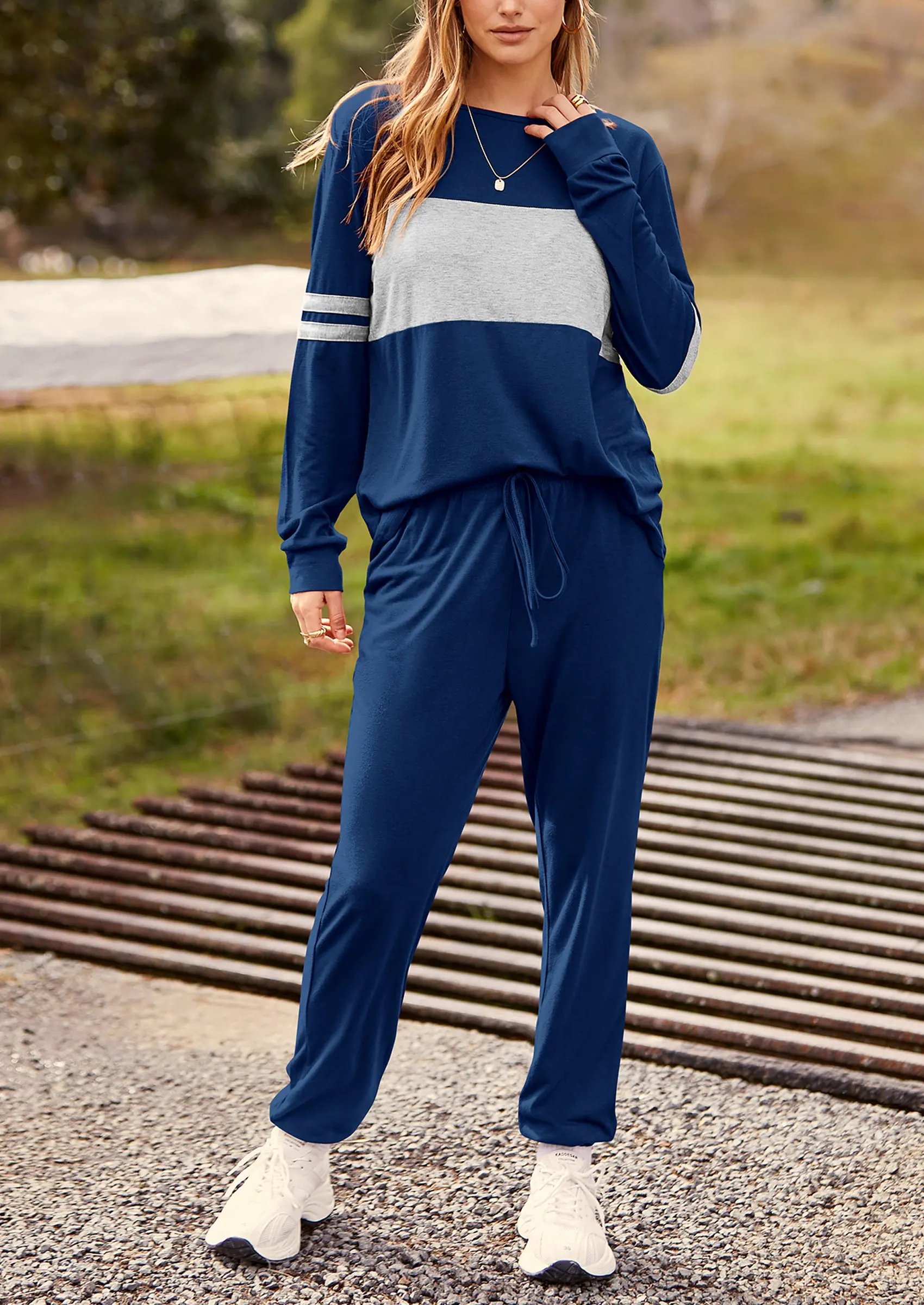 PRETTYGARDEN Women's Color Block 2 Piece Spring Tracksuit Crewneck Long Sleeve Tops Long Sweatpants Outfits Lounge Sets - Image 43