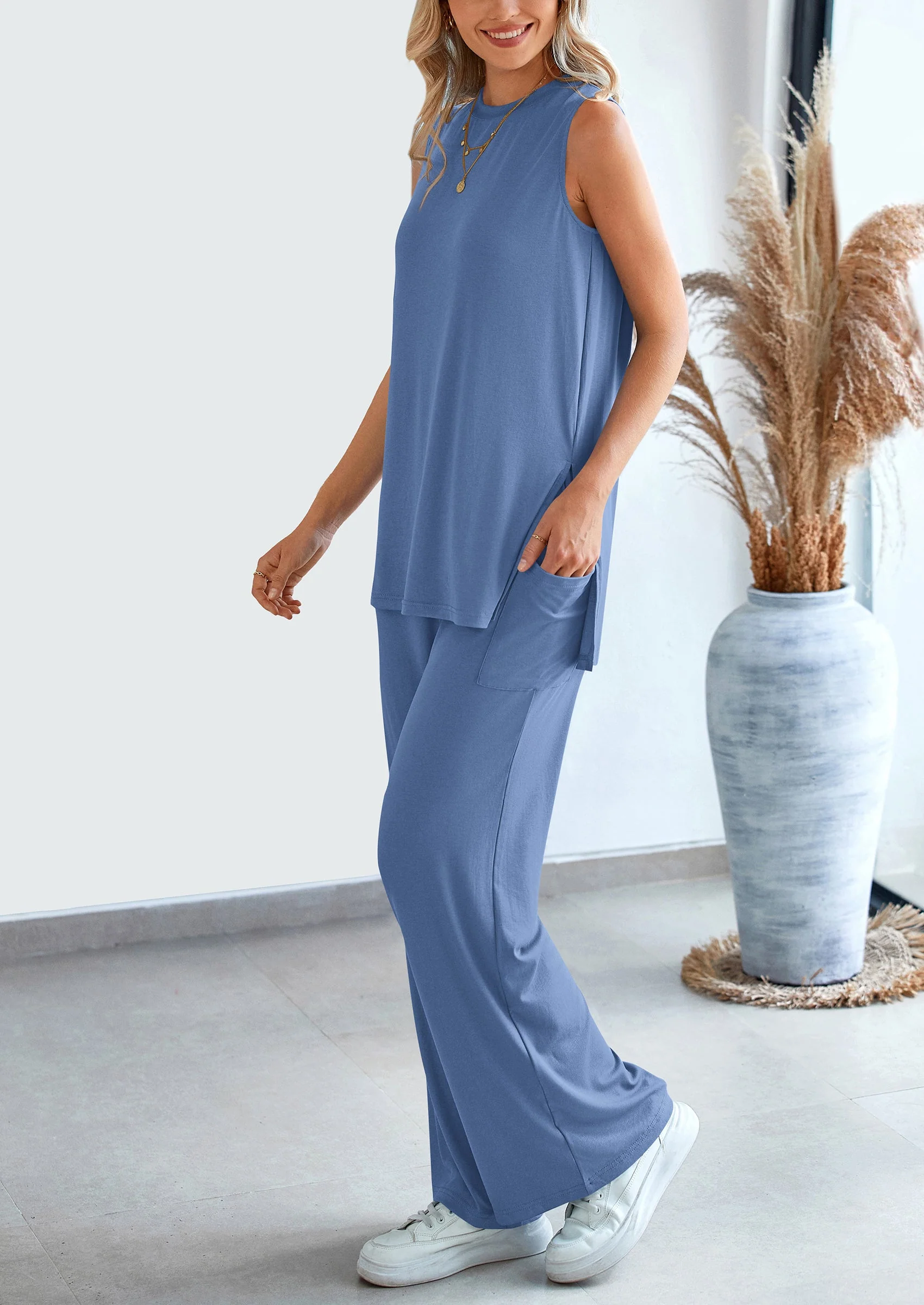 PRETTYGARDEN 2 Piece Set Loose Tank Top Wide Leg Pants Casual Matching Outfits Tracksuit - Image 42