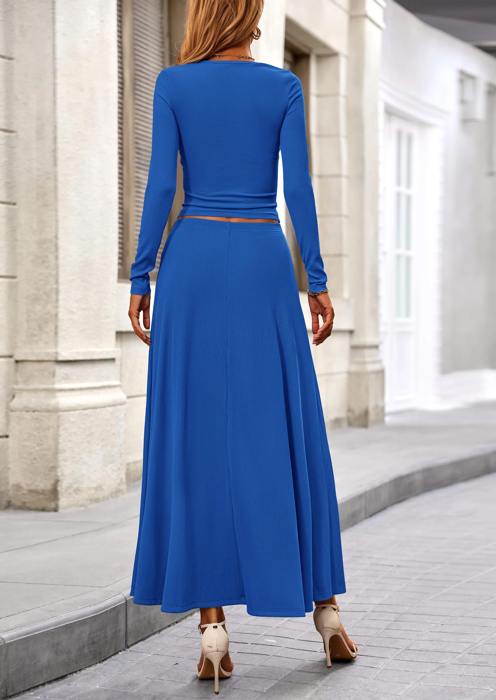 PRETTYGARDEN 2 Piece Casual Ribbed Knit Long Sleeve Crop Tops Maxi Flowy Skirts Matching Sets - Image 10