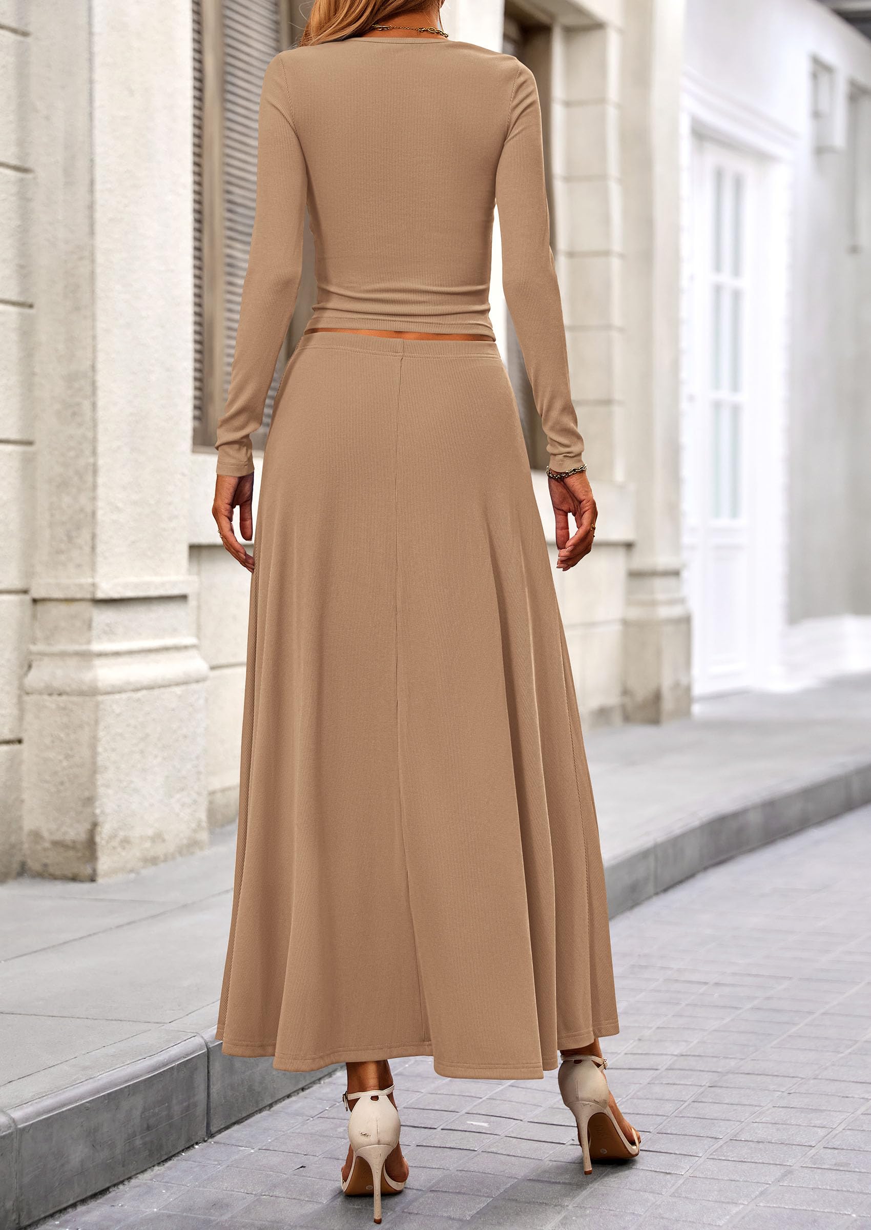 PRETTYGARDEN 2 Piece Casual Ribbed Knit Long Sleeve Crop Tops Maxi Flowy Skirts Matching Sets - Image 100