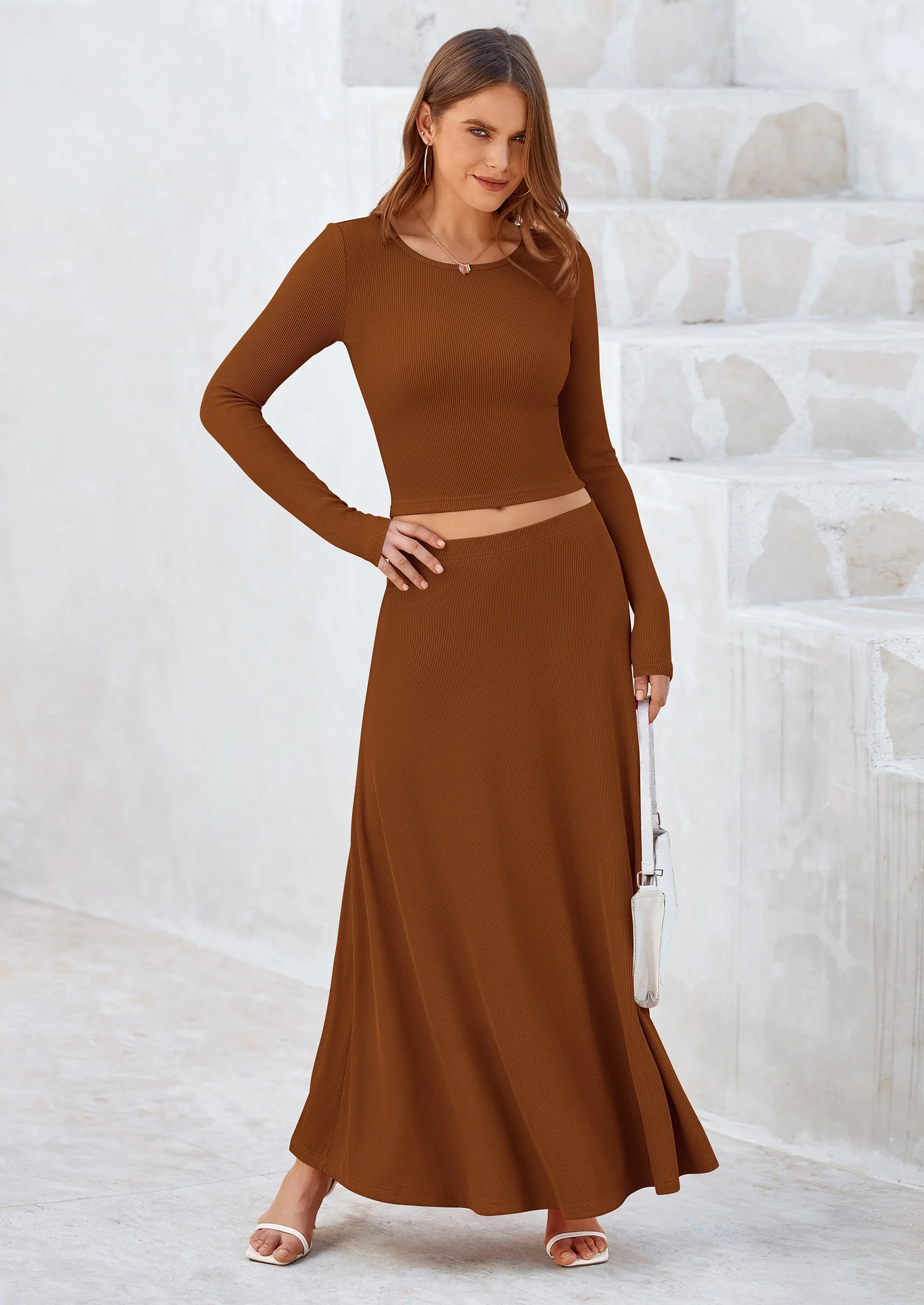 PRETTYGARDEN 2 Piece Casual Ribbed Knit Long Sleeve Crop Tops Maxi Flowy Skirts Matching Sets - Image 106