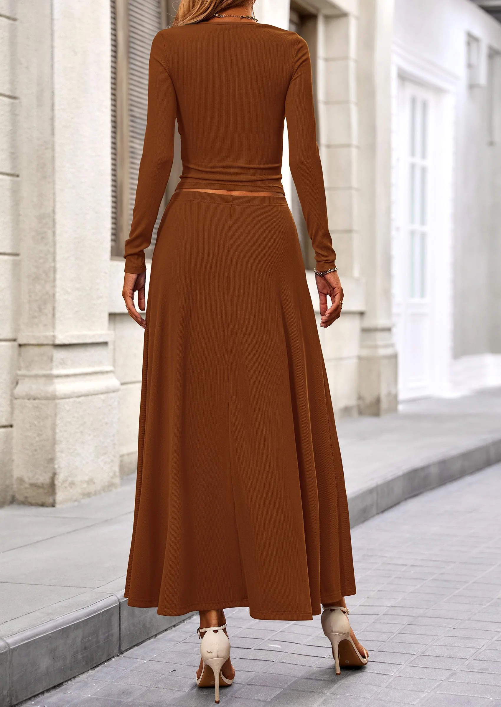 PRETTYGARDEN 2 Piece Casual Ribbed Knit Long Sleeve Crop Tops Maxi Flowy Skirts Matching Sets - Image 107
