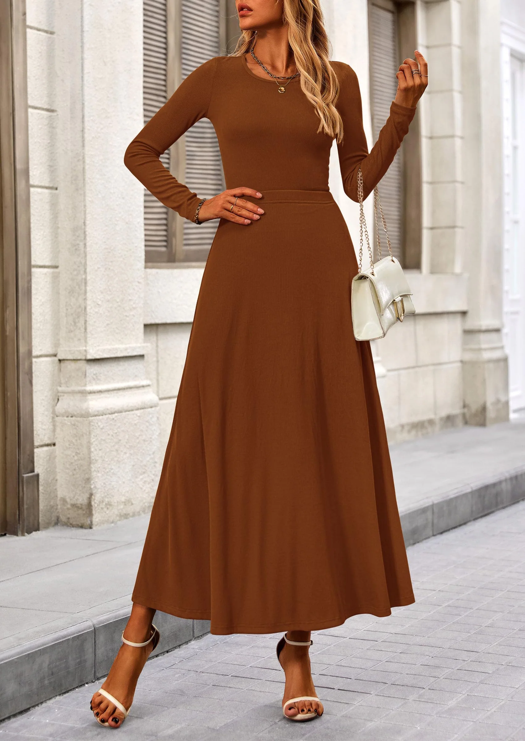 PRETTYGARDEN 2 Piece Casual Ribbed Knit Long Sleeve Crop Tops Maxi Flowy Skirts Matching Sets - Image 108