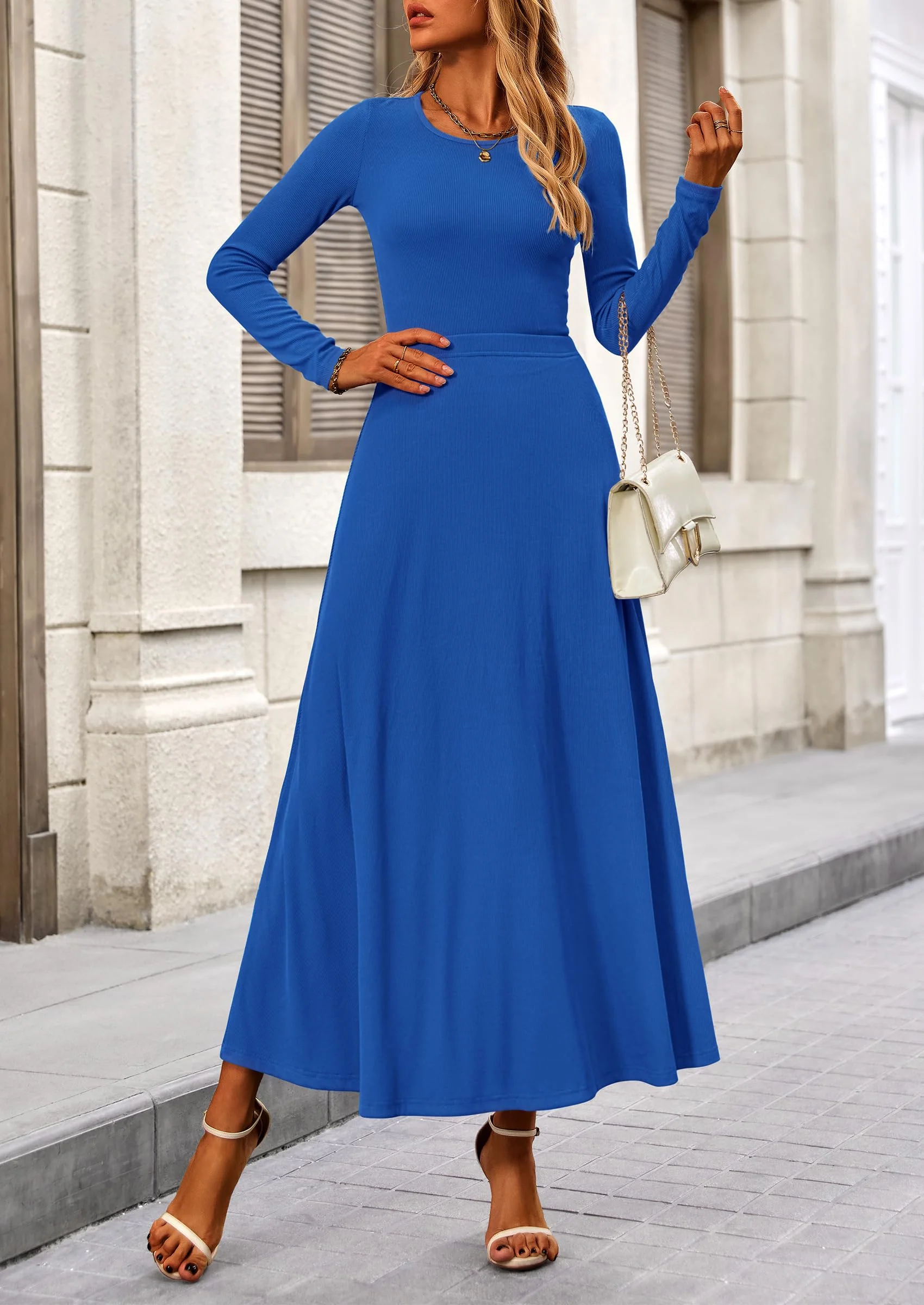 PRETTYGARDEN 2 Piece Casual Ribbed Knit Long Sleeve Crop Tops Maxi Flowy Skirts Matching Sets - Image 11