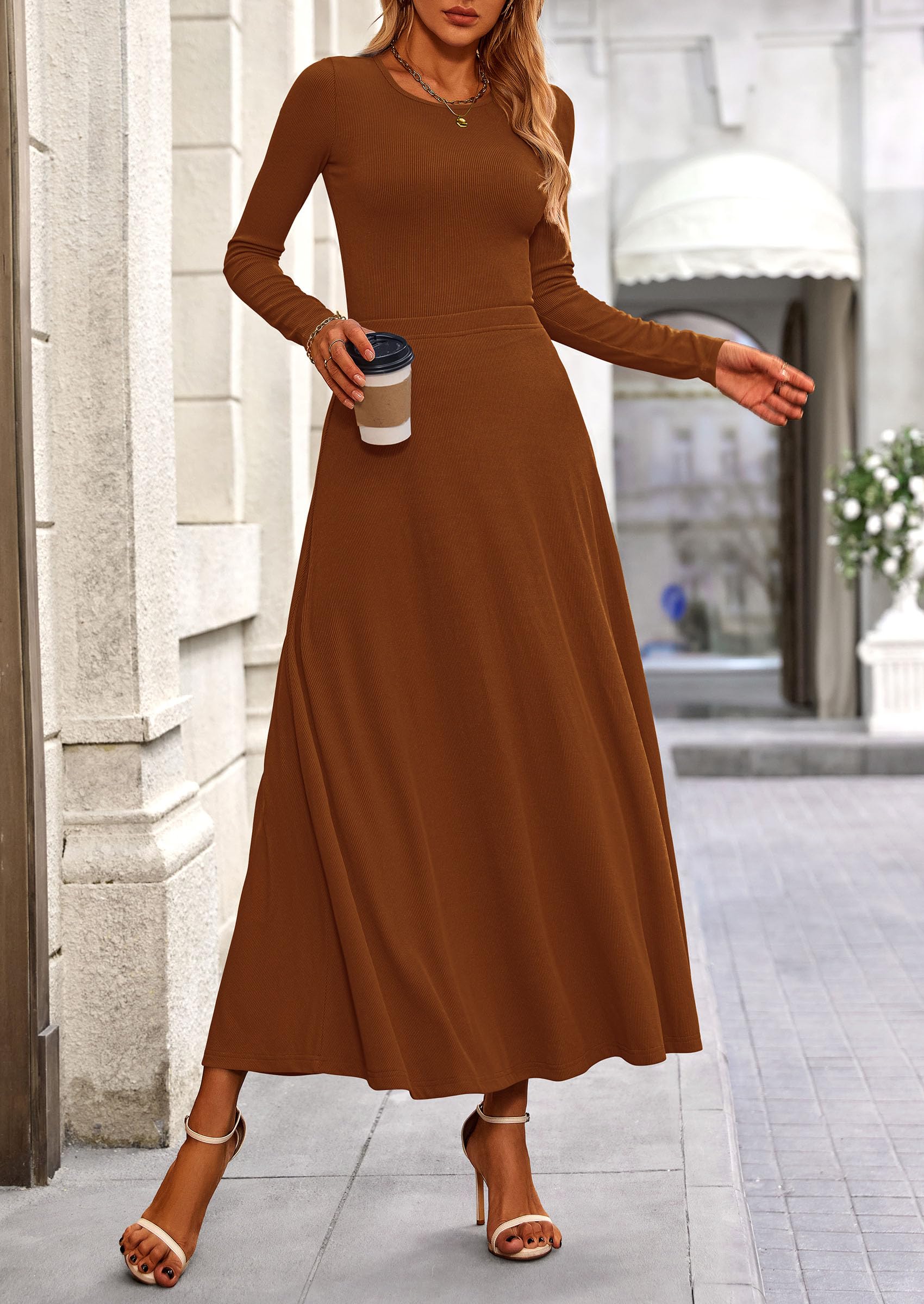PRETTYGARDEN 2 Piece Casual Ribbed Knit Long Sleeve Crop Tops Maxi Flowy Skirts Matching Sets - Image 110