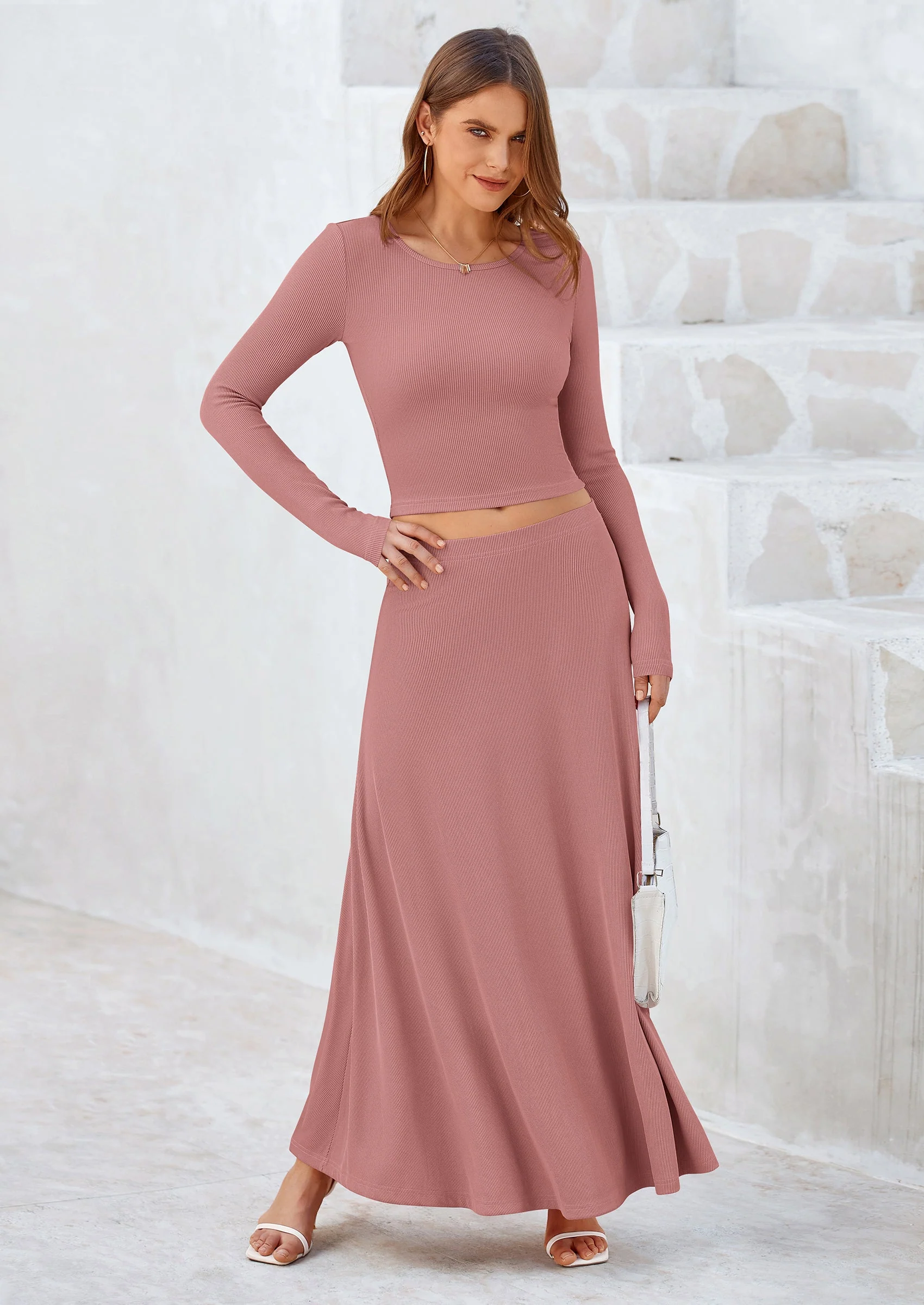 PRETTYGARDEN 2 Piece Casual Ribbed Knit Long Sleeve Crop Tops Maxi Flowy Skirts Matching Sets - Image 15