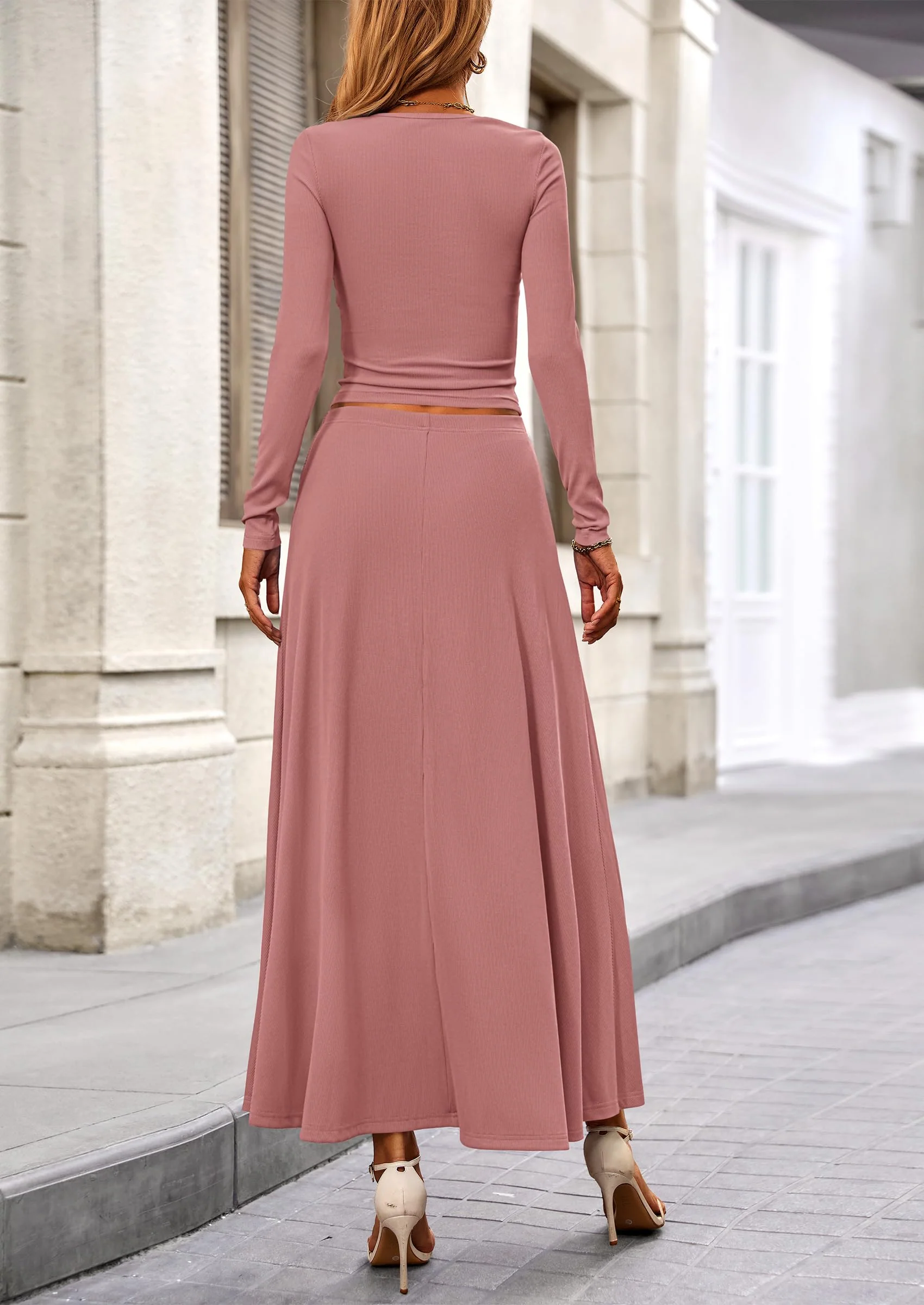 PRETTYGARDEN 2 Piece Casual Ribbed Knit Long Sleeve Crop Tops Maxi Flowy Skirts Matching Sets - Image 16