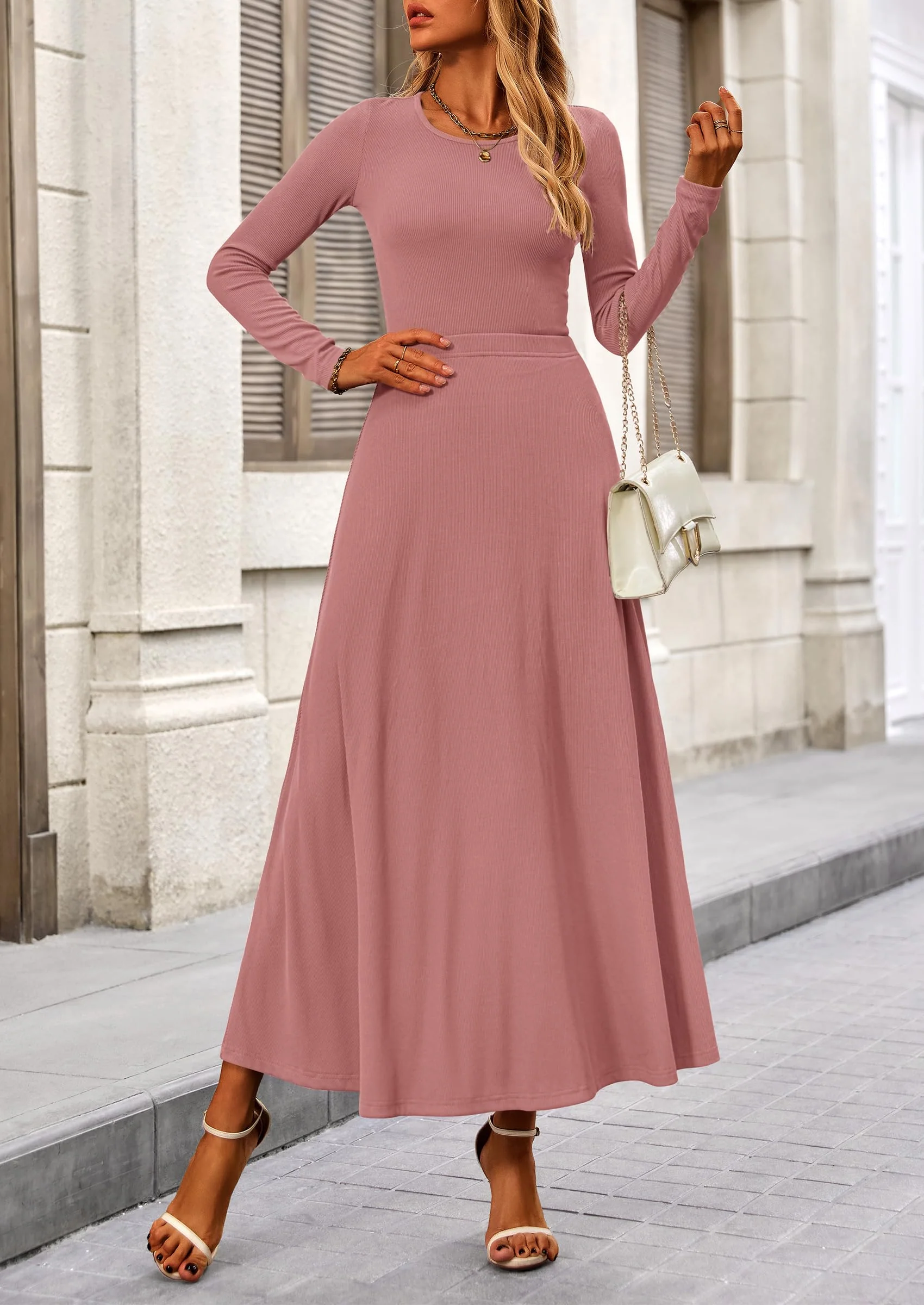 PRETTYGARDEN 2 Piece Casual Ribbed Knit Long Sleeve Crop Tops Maxi Flowy Skirts Matching Sets - Image 17