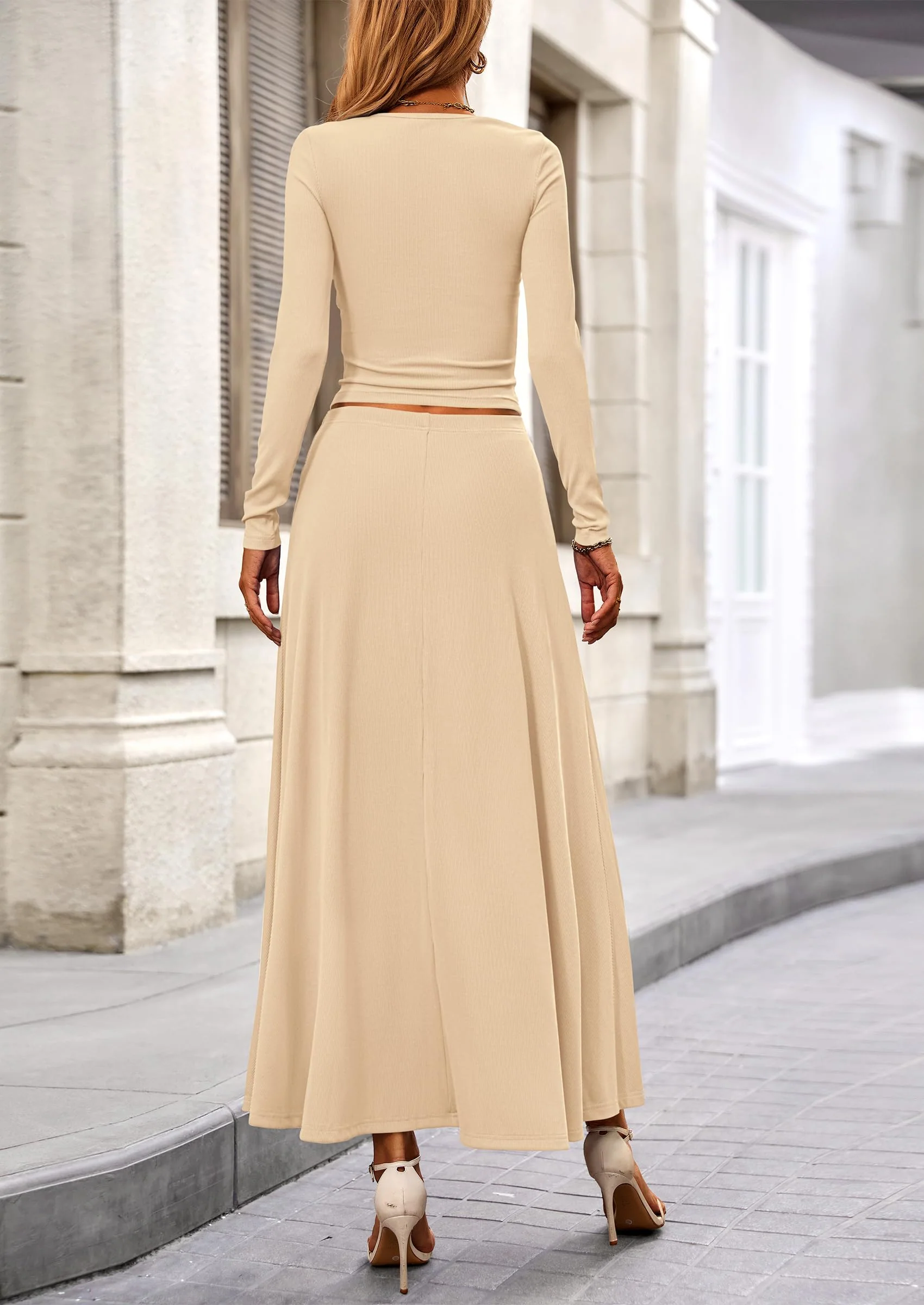 PRETTYGARDEN 2 Piece Casual Ribbed Knit Long Sleeve Crop Tops Maxi Flowy Skirts Matching Sets - Image 2