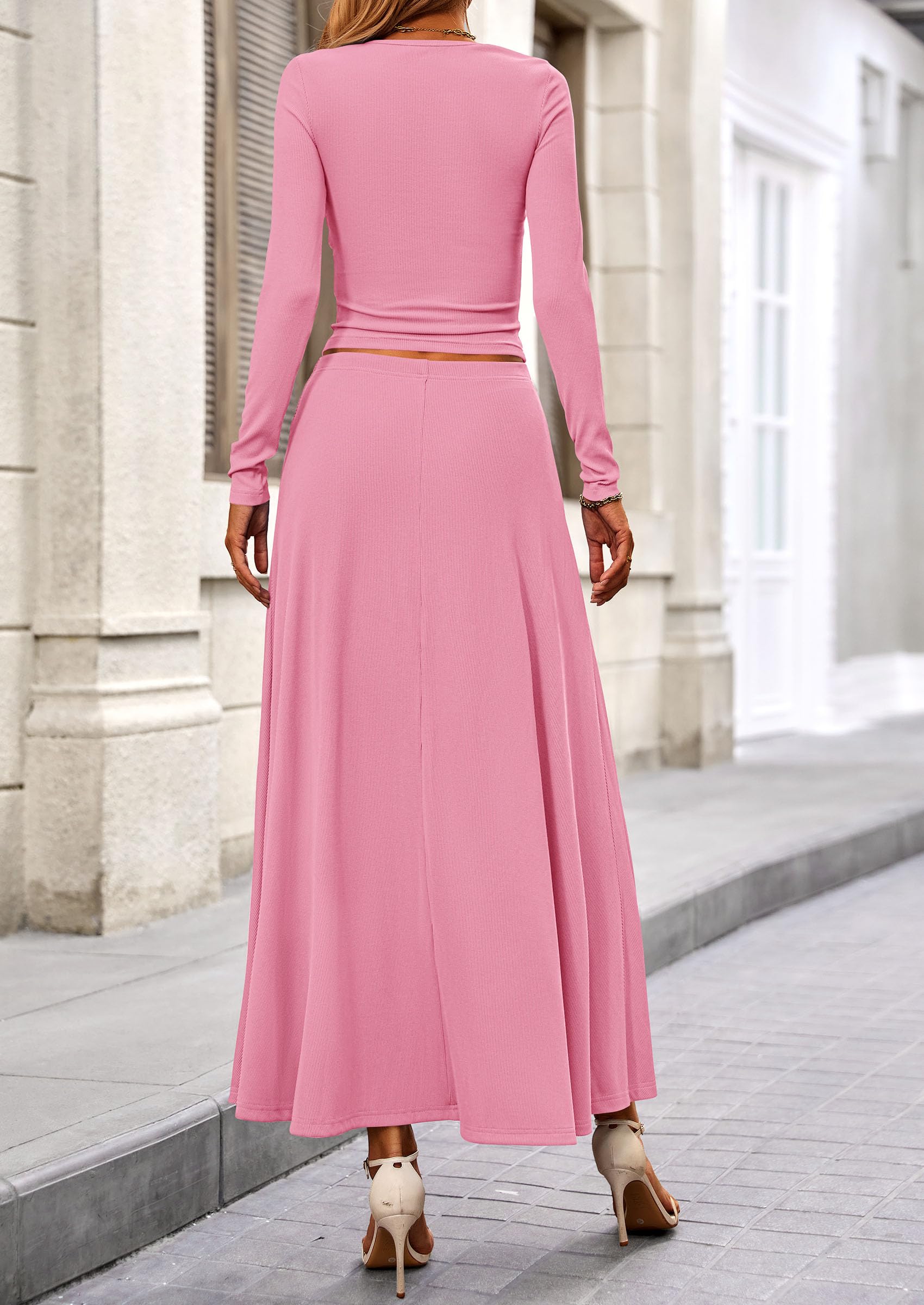 PRETTYGARDEN 2 Piece Casual Ribbed Knit Long Sleeve Crop Tops Maxi Flowy Skirts Matching Sets - Image 23