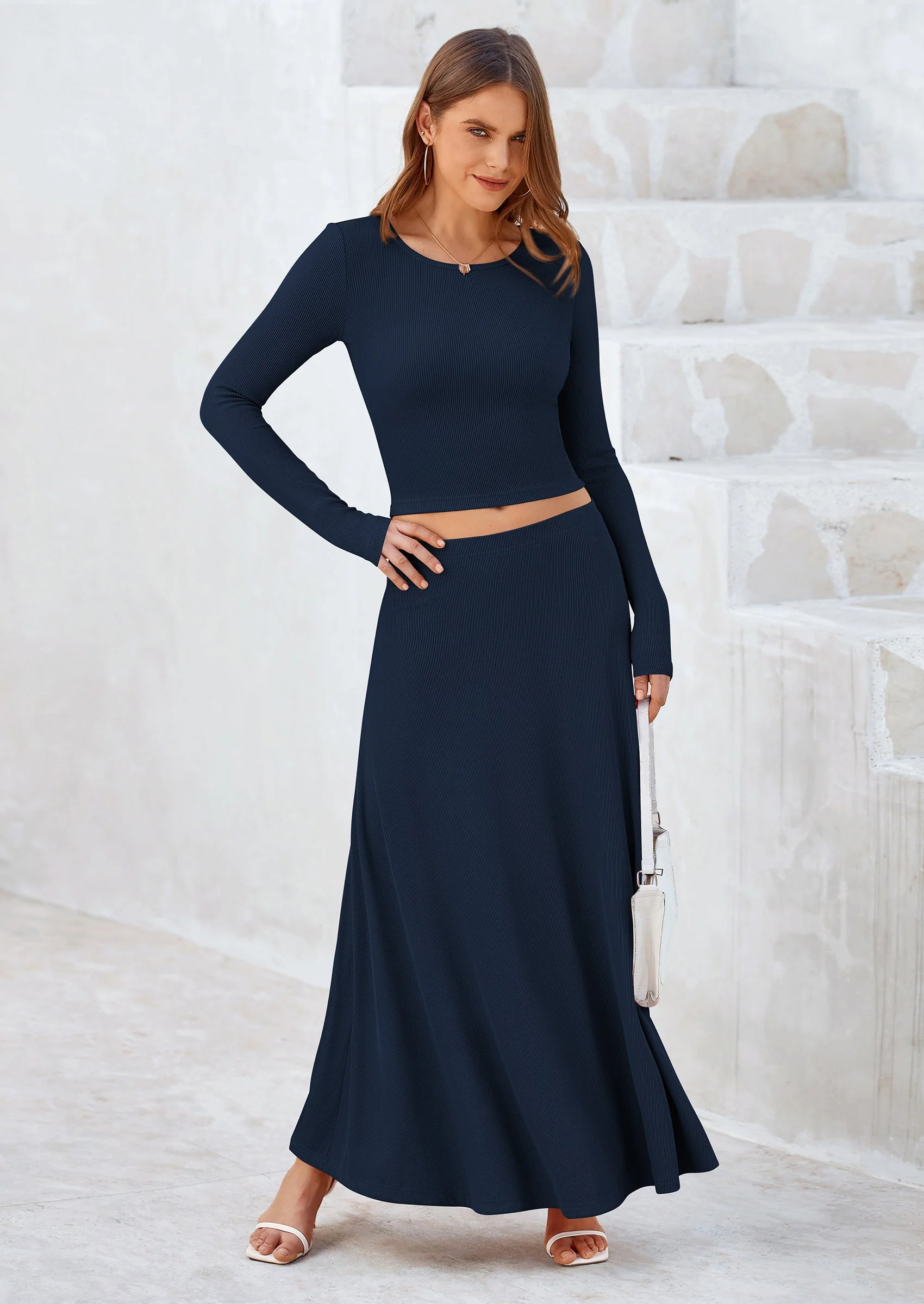 PRETTYGARDEN 2 Piece Casual Ribbed Knit Long Sleeve Crop Tops Maxi Flowy Skirts Matching Sets - Image 29
