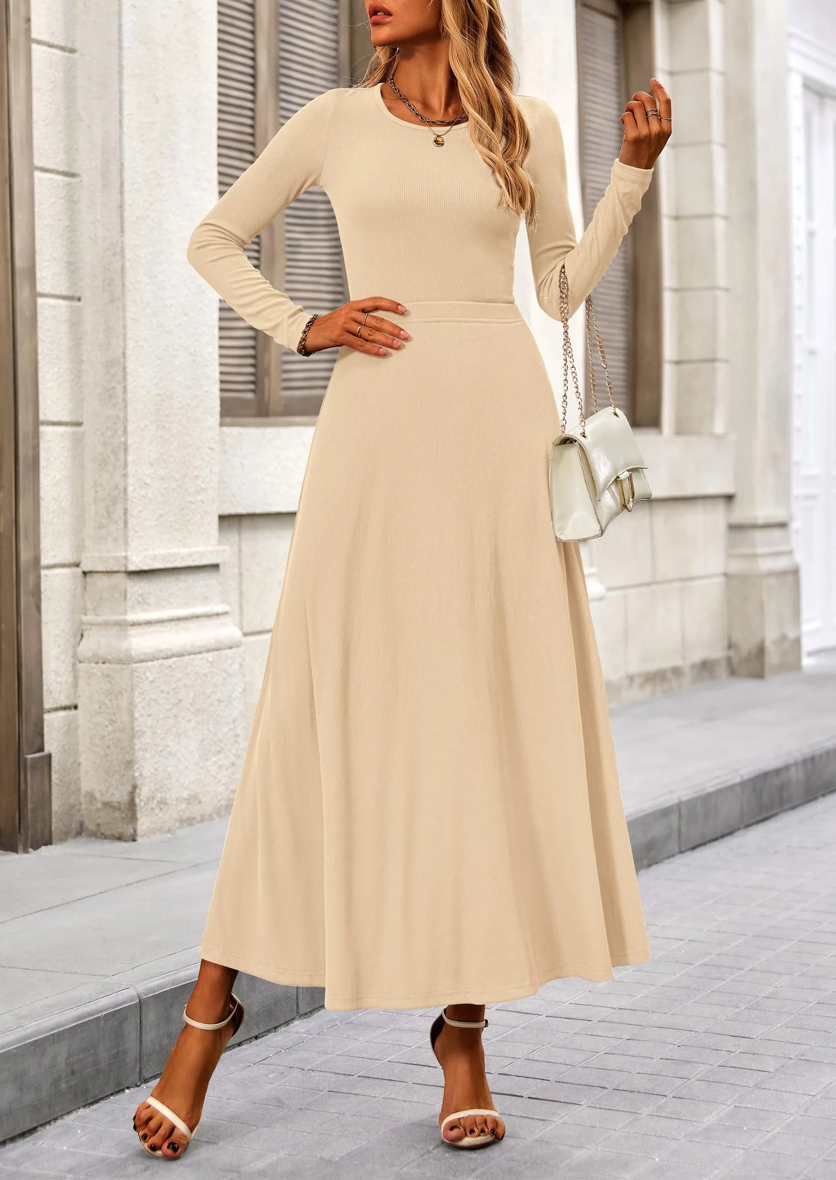 PRETTYGARDEN 2 Piece Casual Ribbed Knit Long Sleeve Crop Tops Maxi Flowy Skirts Matching Sets - Image 3