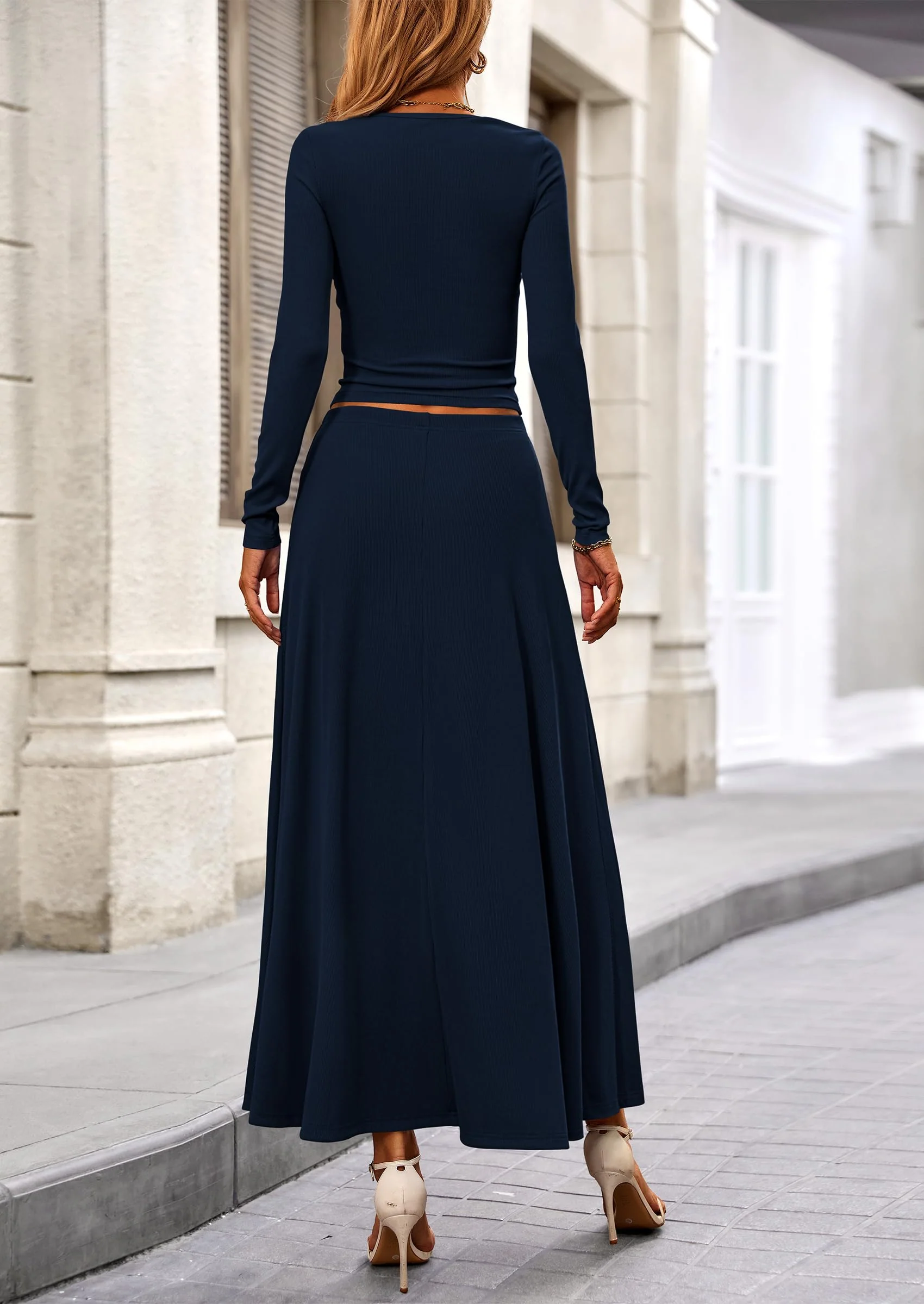 PRETTYGARDEN 2 Piece Casual Ribbed Knit Long Sleeve Crop Tops Maxi Flowy Skirts Matching Sets - Image 30