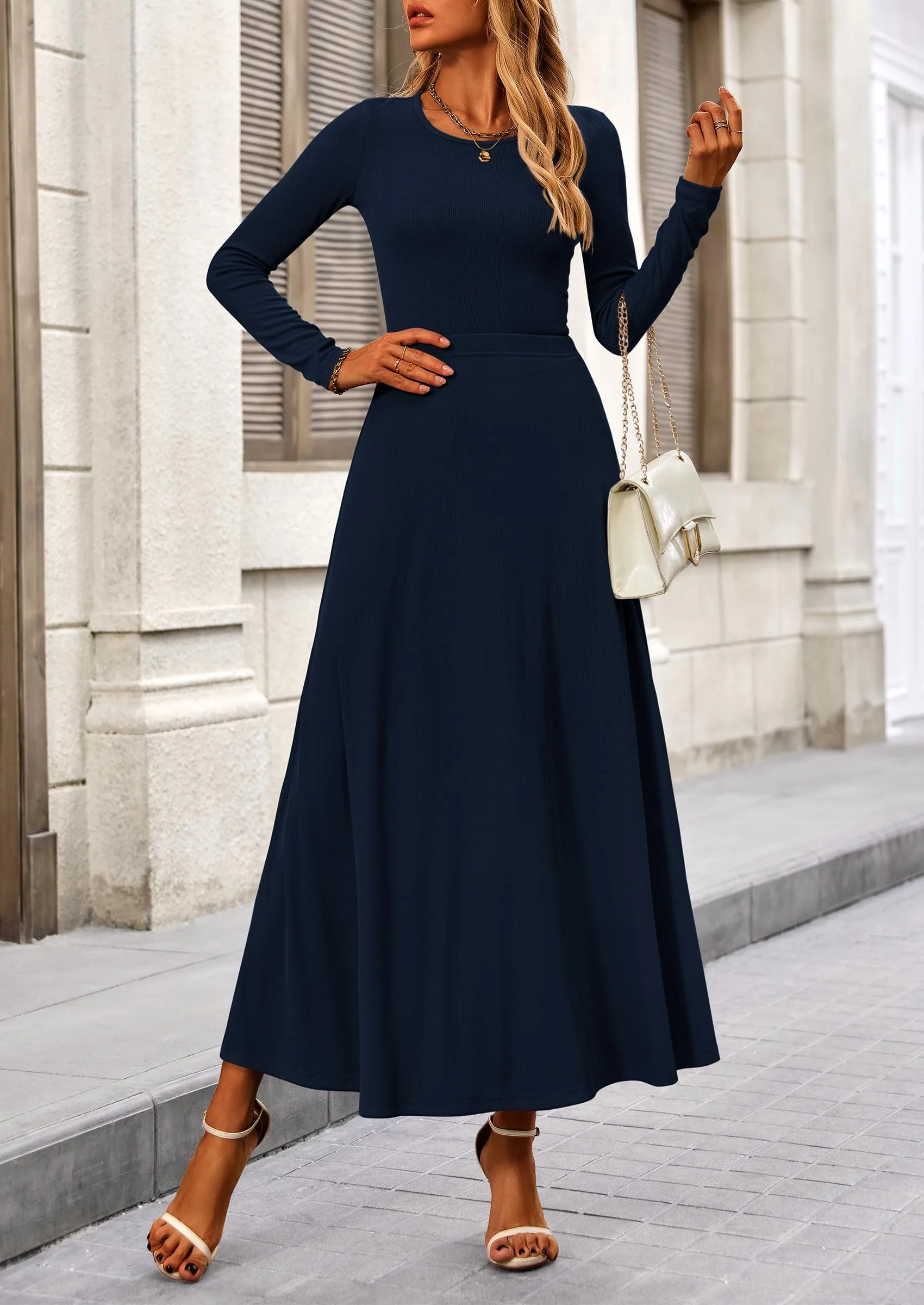 PRETTYGARDEN 2 Piece Casual Ribbed Knit Long Sleeve Crop Tops Maxi Flowy Skirts Matching Sets - Image 31