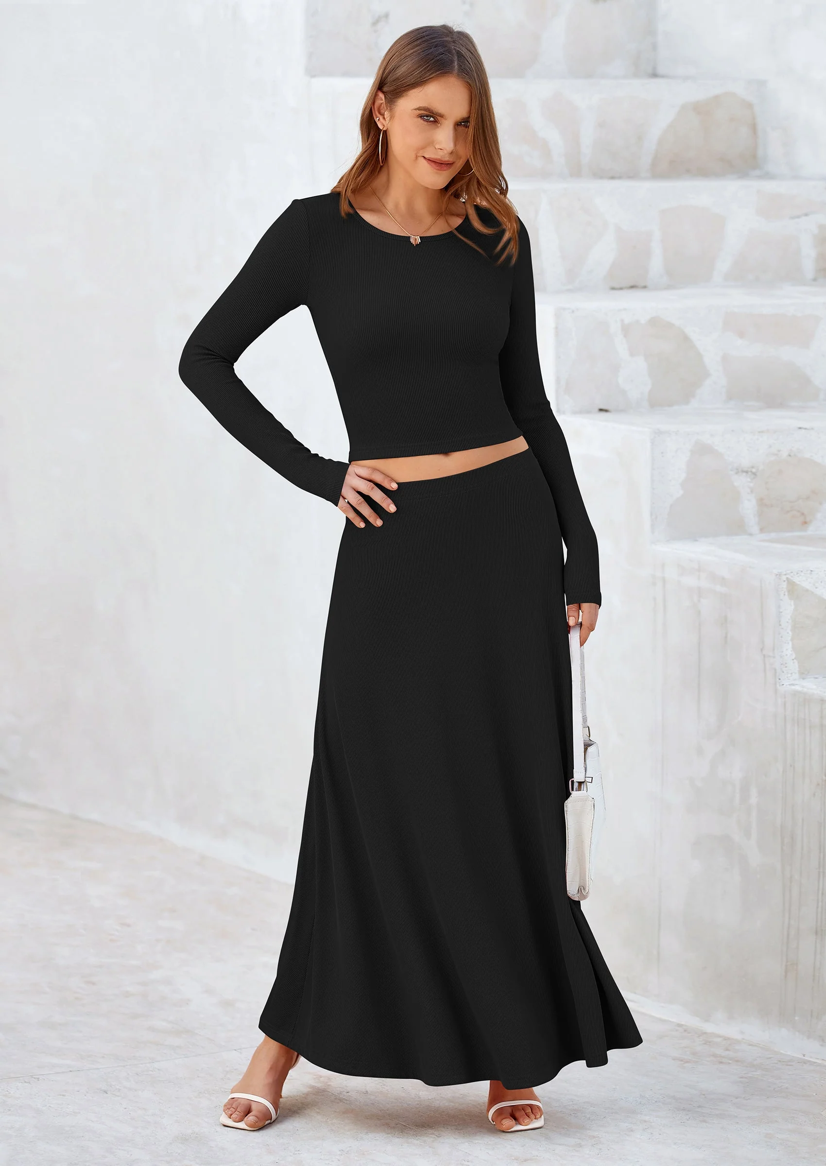 PRETTYGARDEN 2 Piece Casual Ribbed Knit Long Sleeve Crop Tops Maxi Flowy Skirts Matching Sets - Image 36