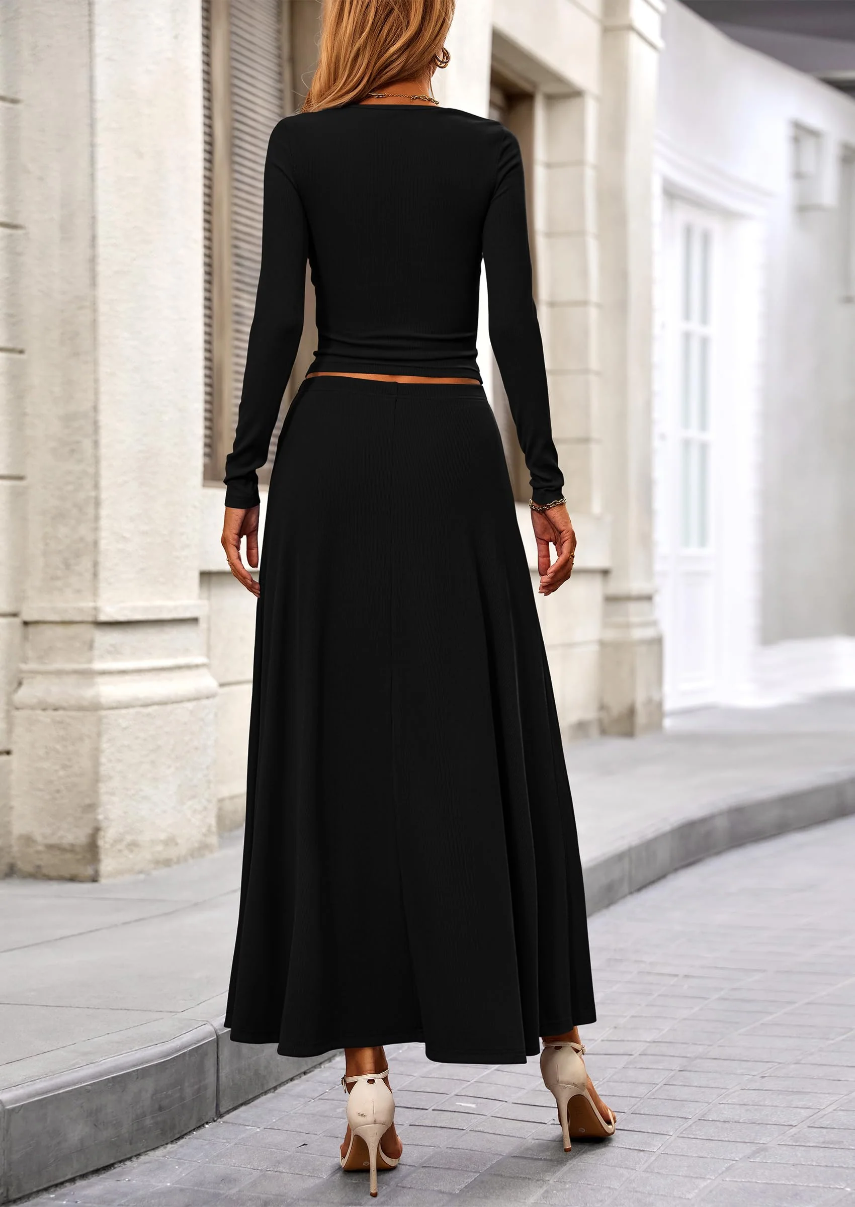 PRETTYGARDEN 2 Piece Casual Ribbed Knit Long Sleeve Crop Tops Maxi Flowy Skirts Matching Sets - Image 37