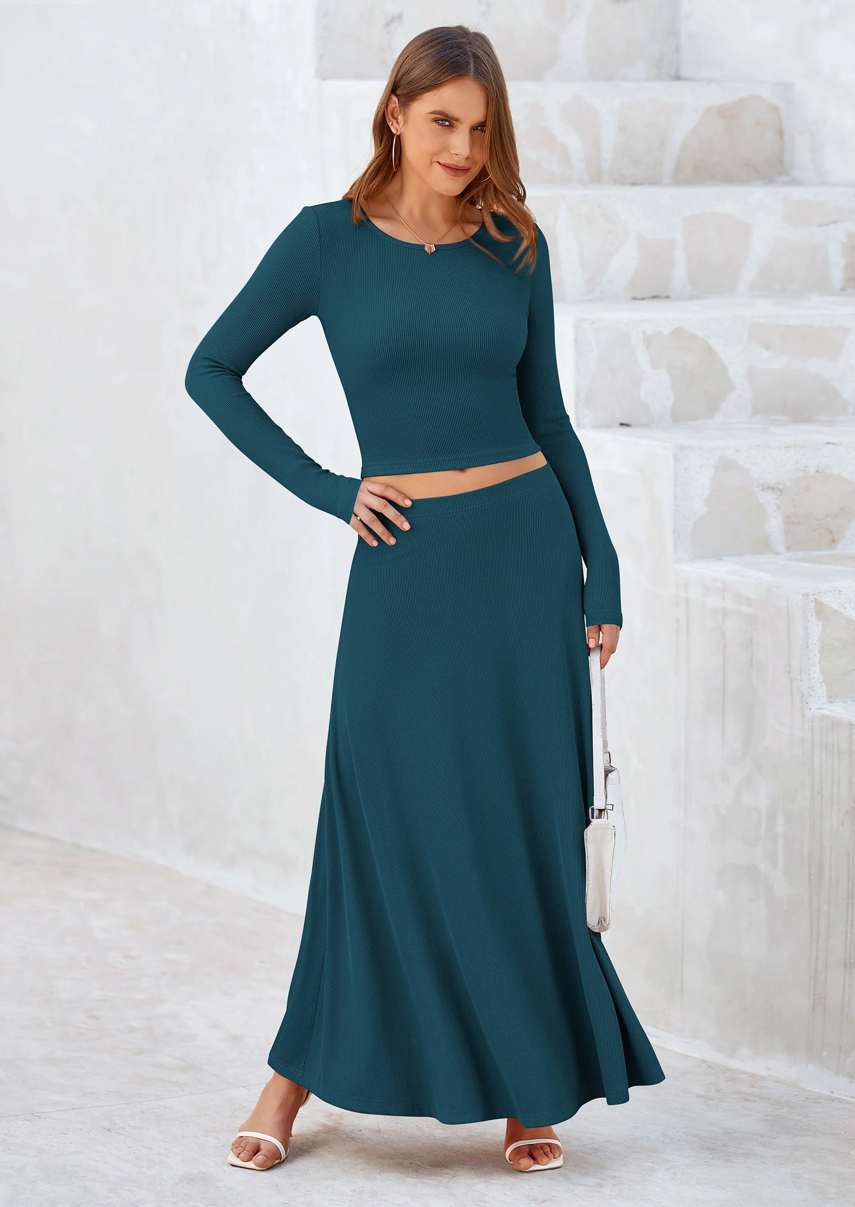 PRETTYGARDEN 2 Piece Casual Ribbed Knit Long Sleeve Crop Tops Maxi Flowy Skirts Matching Sets - Image 43