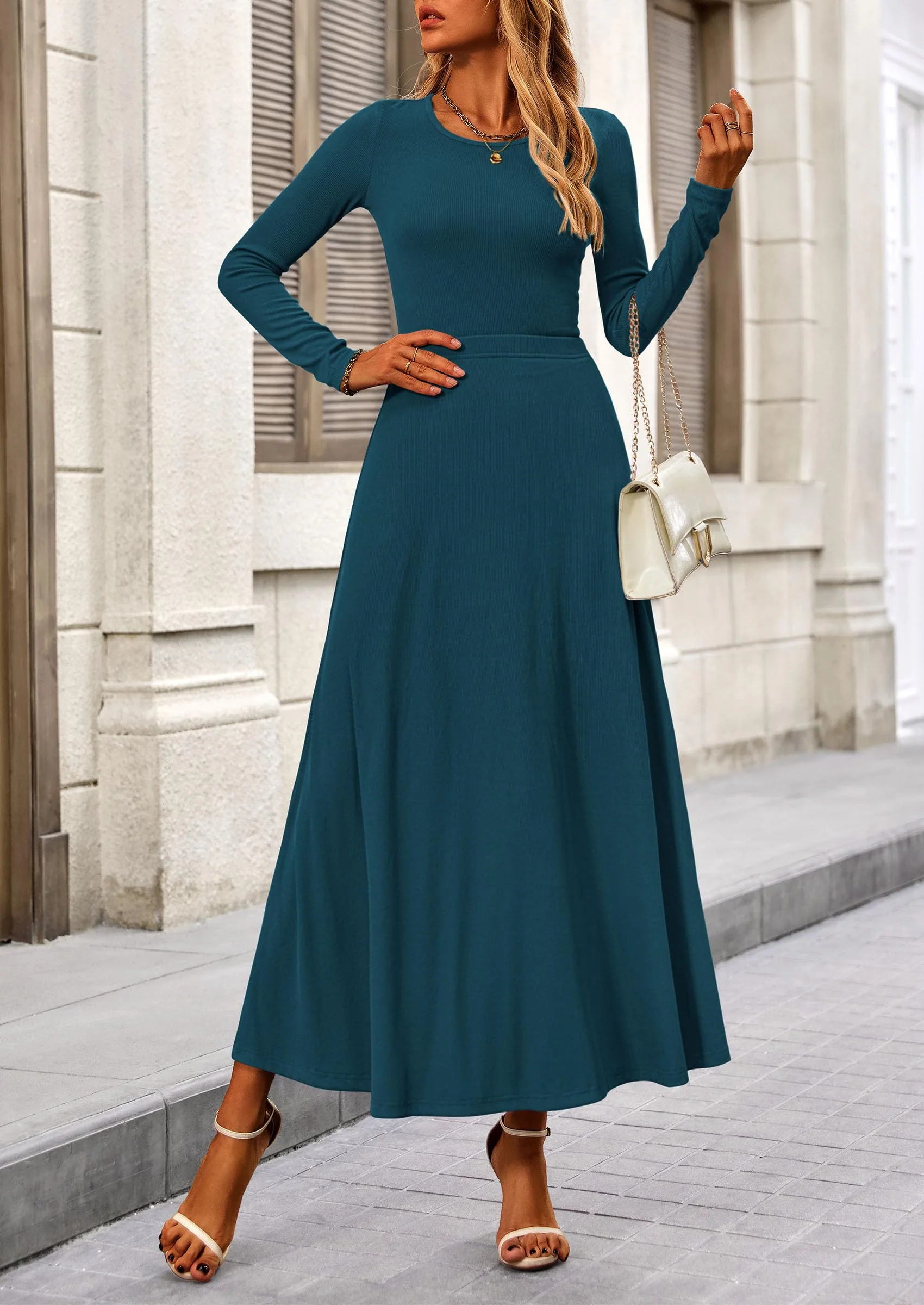 PRETTYGARDEN 2 Piece Casual Ribbed Knit Long Sleeve Crop Tops Maxi Flowy Skirts Matching Sets - Image 45