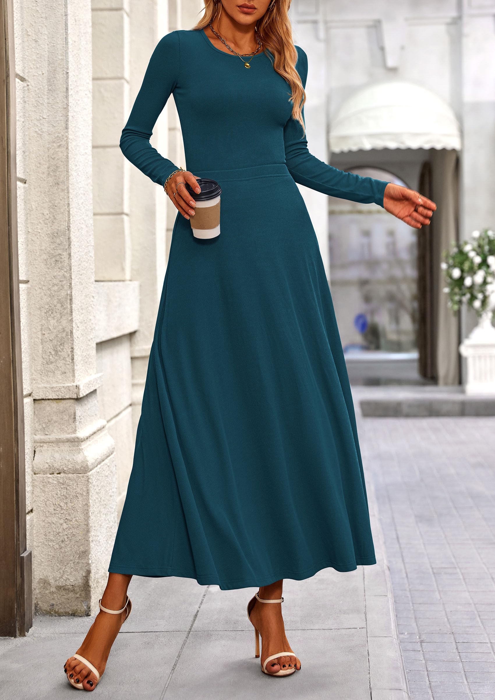 PRETTYGARDEN 2 Piece Casual Ribbed Knit Long Sleeve Crop Tops Maxi Flowy Skirts Matching Sets - Image 47