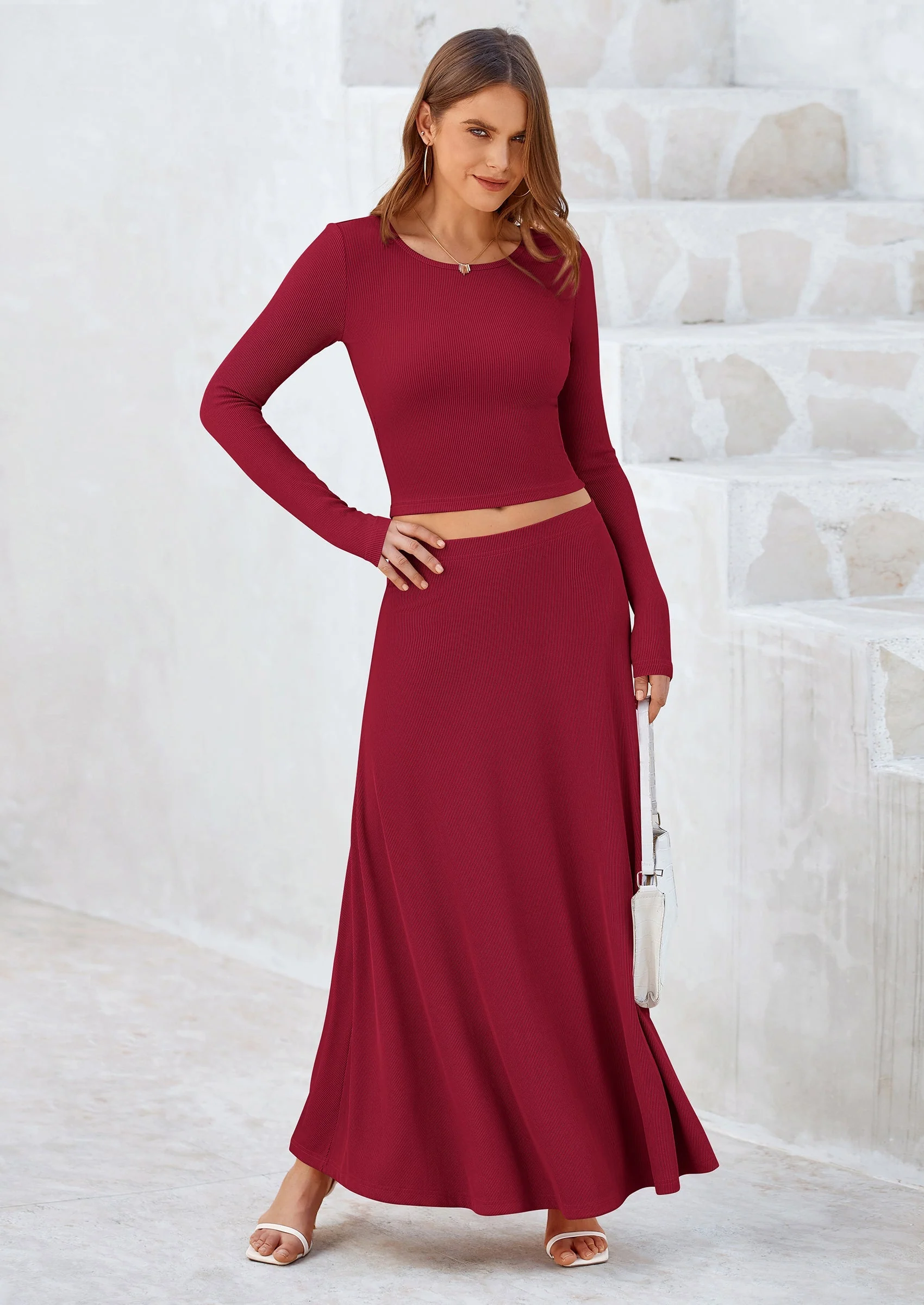 PRETTYGARDEN 2 Piece Casual Ribbed Knit Long Sleeve Crop Tops Maxi Flowy Skirts Matching Sets - Image 50