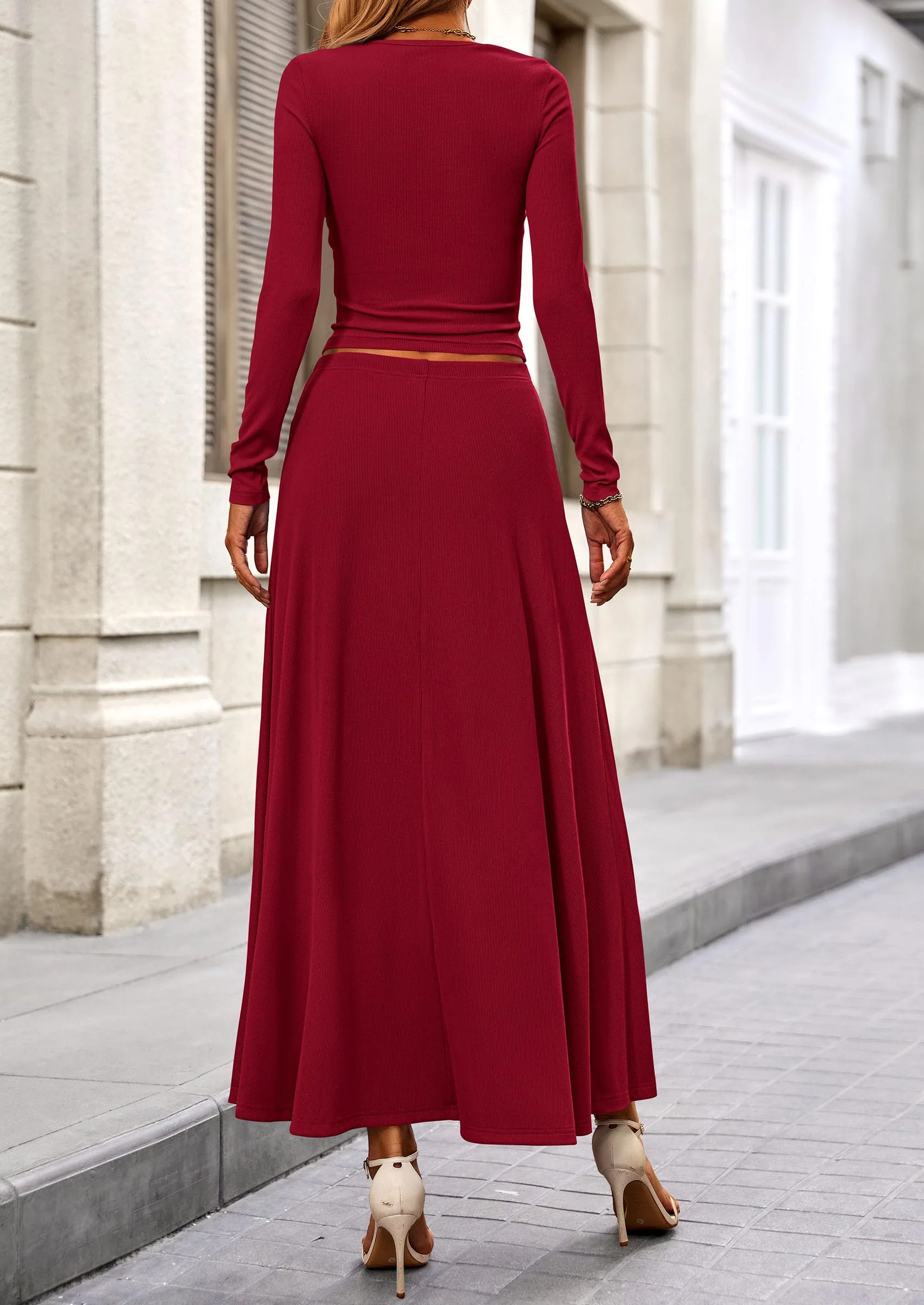PRETTYGARDEN 2 Piece Casual Ribbed Knit Long Sleeve Crop Tops Maxi Flowy Skirts Matching Sets - Image 51