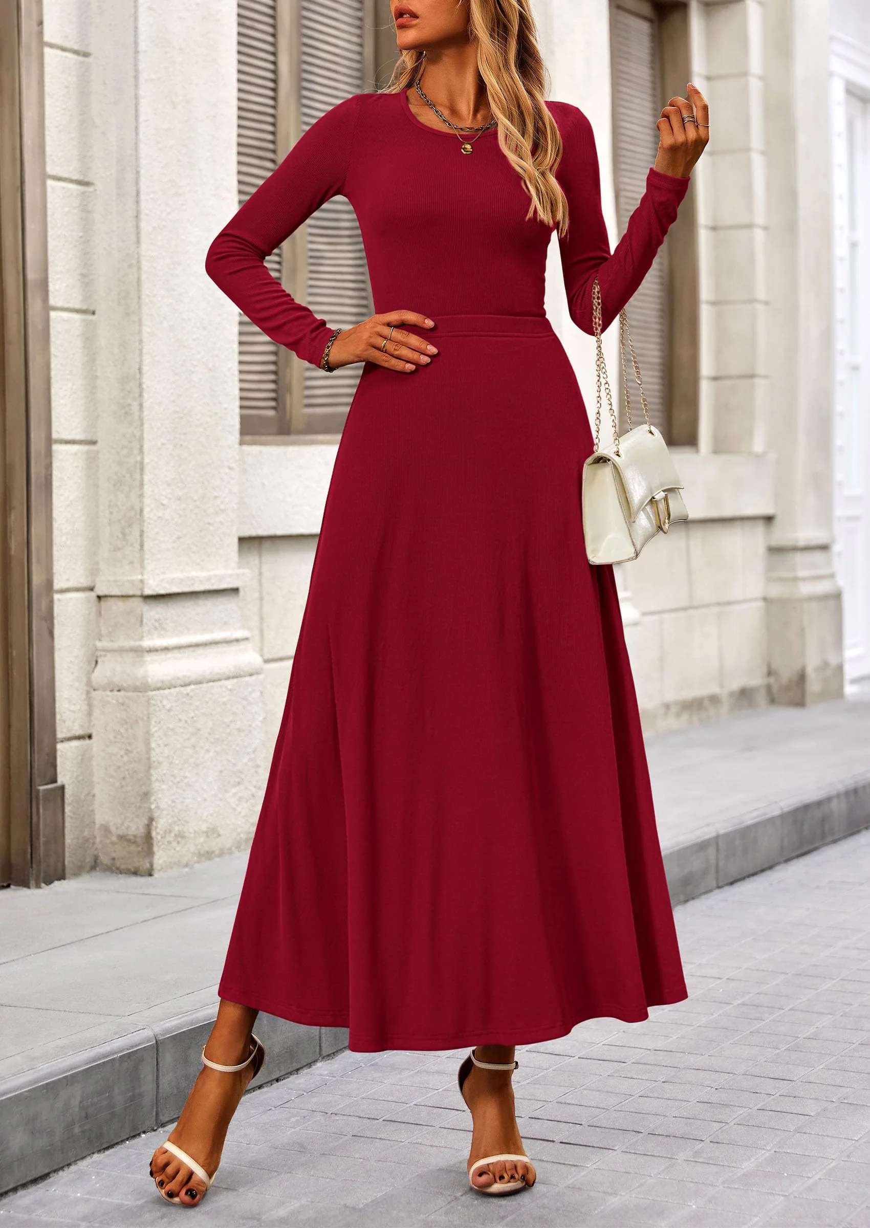 PRETTYGARDEN 2 Piece Casual Ribbed Knit Long Sleeve Crop Tops Maxi Flowy Skirts Matching Sets - Image 52