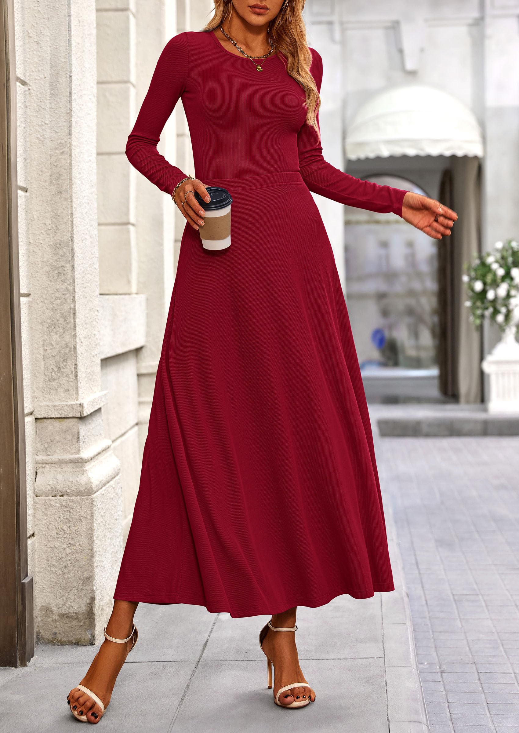 PRETTYGARDEN 2 Piece Casual Ribbed Knit Long Sleeve Crop Tops Maxi Flowy Skirts Matching Sets - Image 54