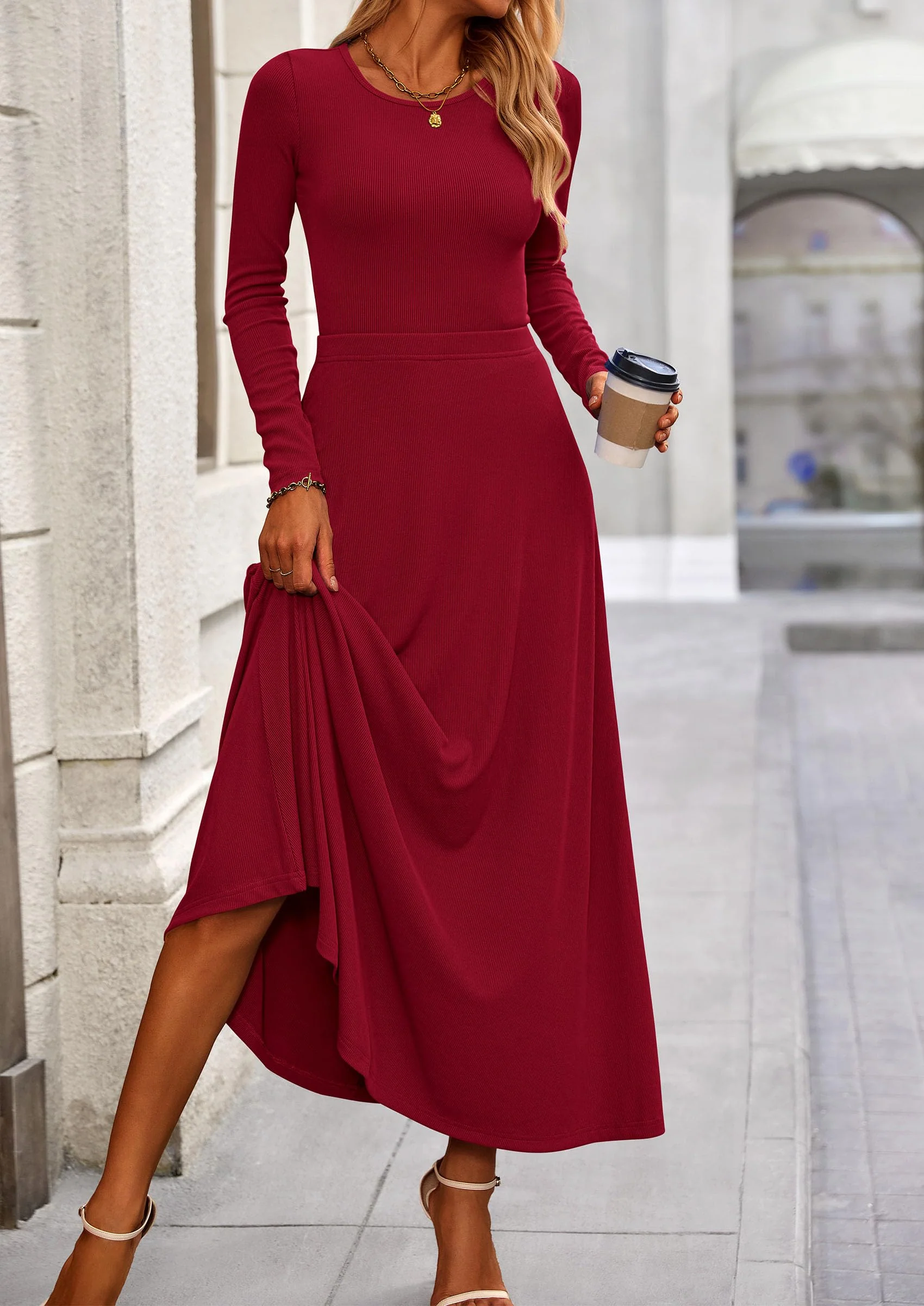 PRETTYGARDEN 2 Piece Casual Ribbed Knit Long Sleeve Crop Tops Maxi Flowy Skirts Matching Sets - Image 55