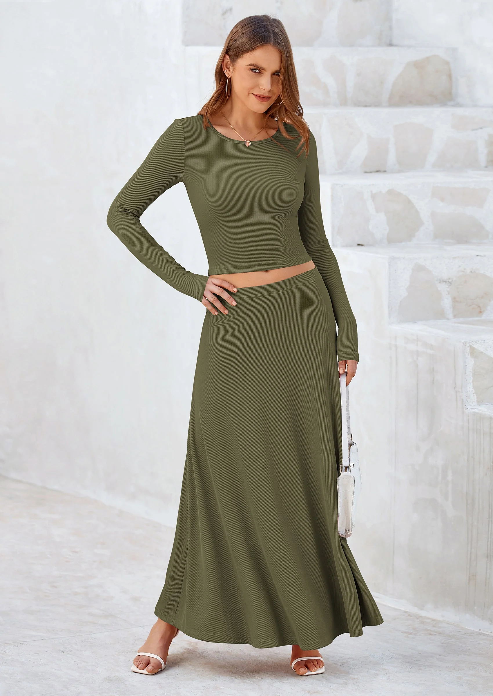 PRETTYGARDEN 2 Piece Casual Ribbed Knit Long Sleeve Crop Tops Maxi Flowy Skirts Matching Sets - Image 57