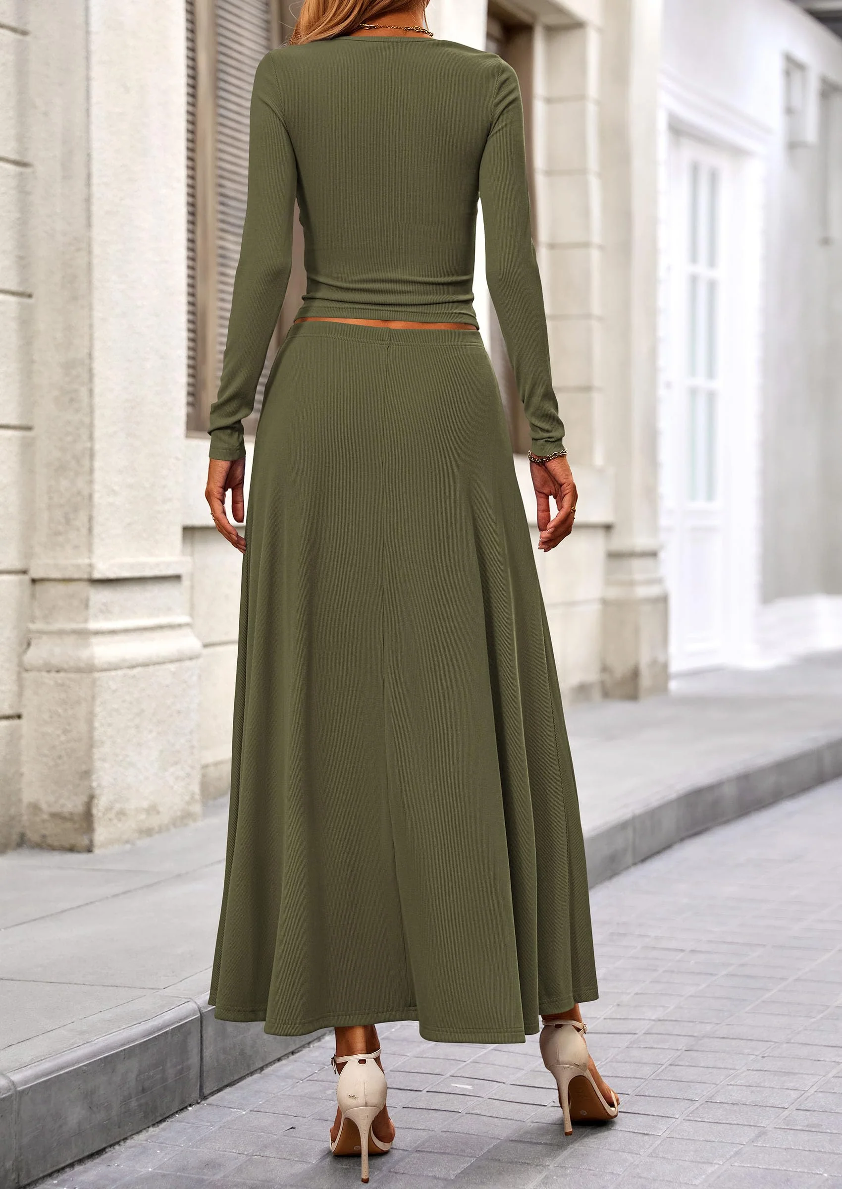 PRETTYGARDEN 2 Piece Casual Ribbed Knit Long Sleeve Crop Tops Maxi Flowy Skirts Matching Sets - Image 58