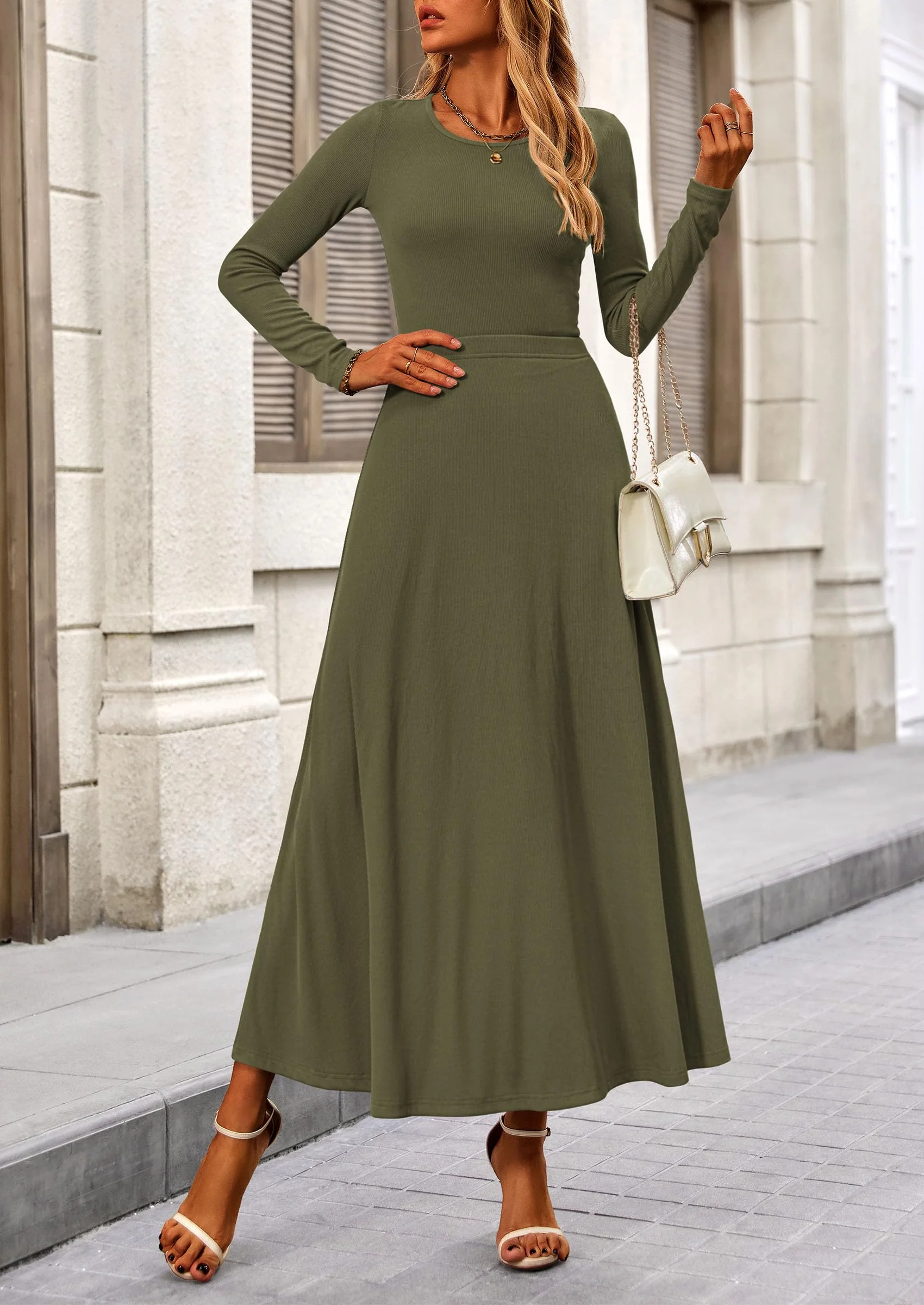 PRETTYGARDEN 2 Piece Casual Ribbed Knit Long Sleeve Crop Tops Maxi Flowy Skirts Matching Sets - Image 59