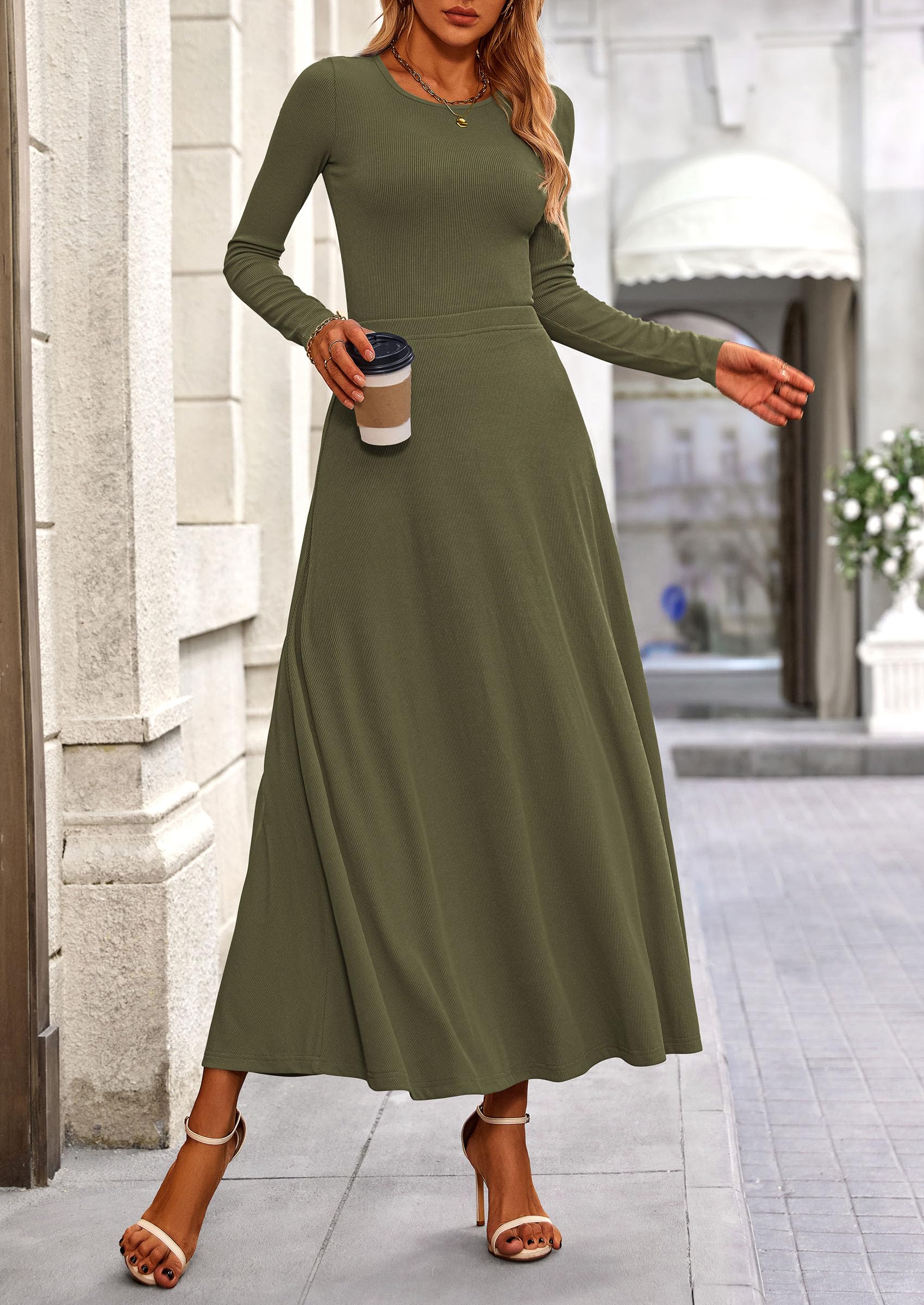 PRETTYGARDEN 2 Piece Casual Ribbed Knit Long Sleeve Crop Tops Maxi Flowy Skirts Matching Sets - Image 61