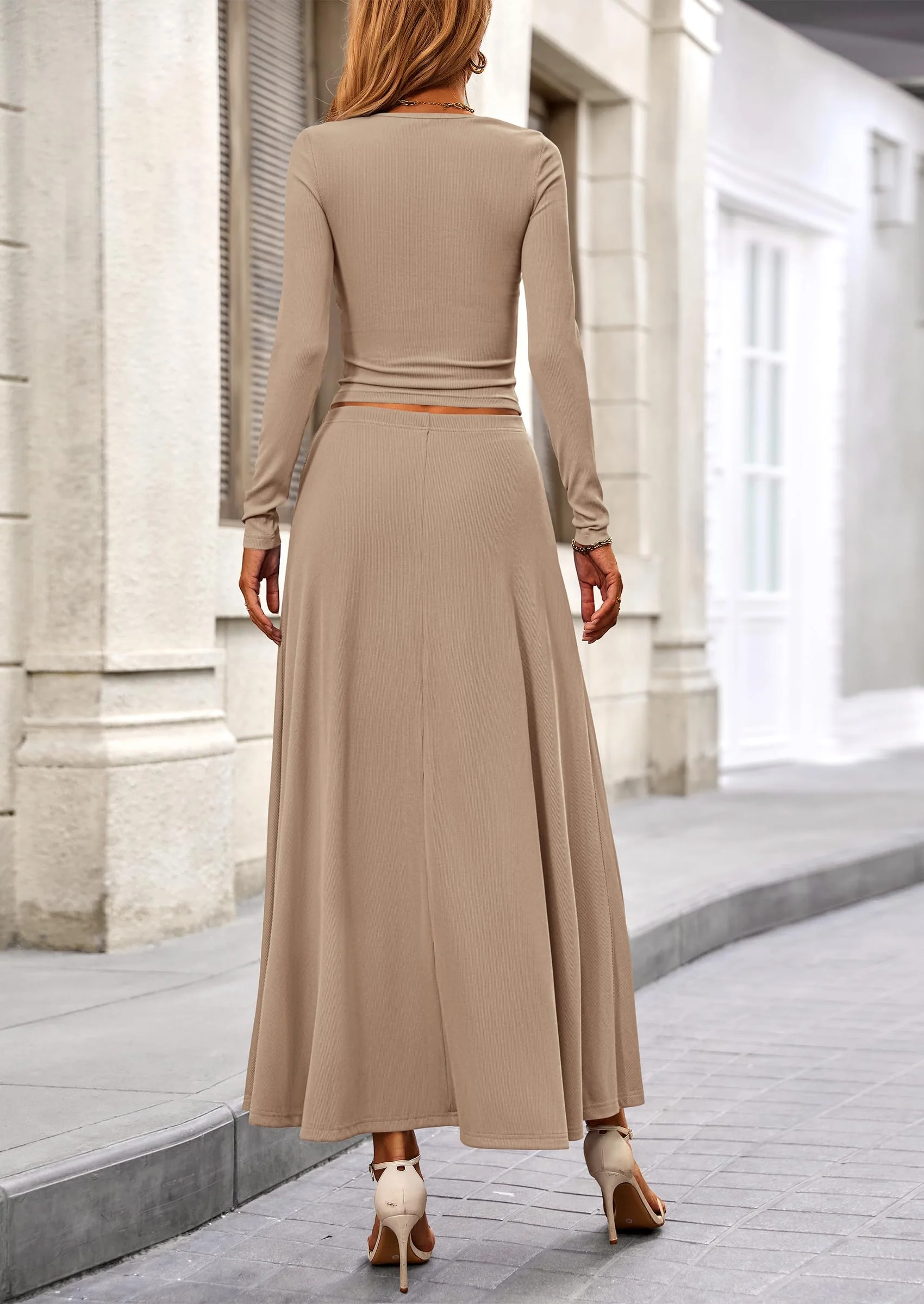 PRETTYGARDEN 2 Piece Casual Ribbed Knit Long Sleeve Crop Tops Maxi Flowy Skirts Matching Sets - Image 65