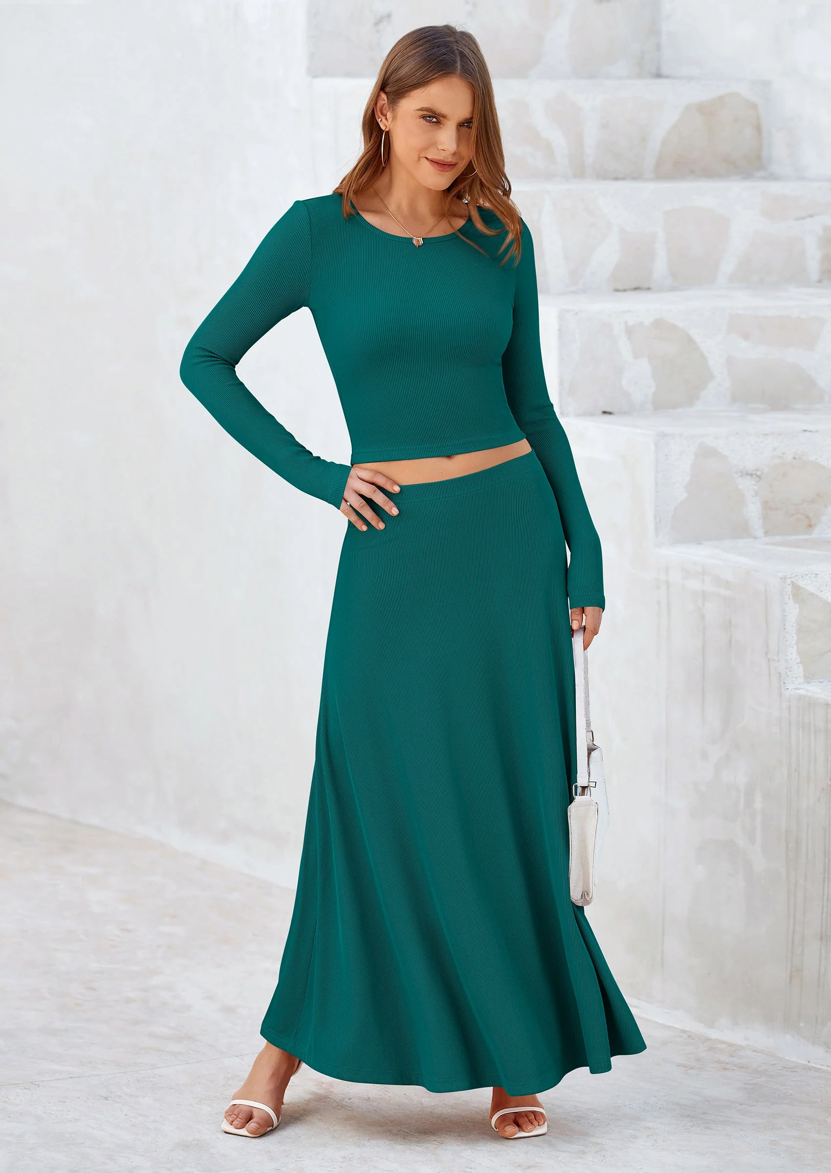 PRETTYGARDEN 2 Piece Casual Ribbed Knit Long Sleeve Crop Tops Maxi Flowy Skirts Matching Sets - Image 71