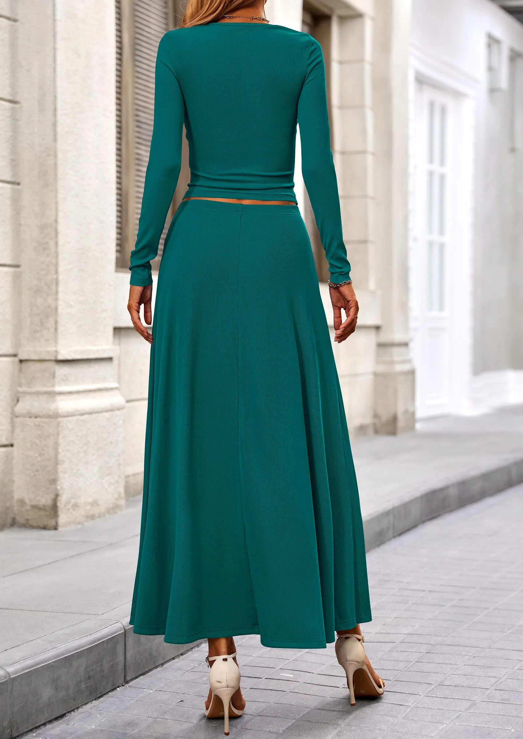 PRETTYGARDEN 2 Piece Casual Ribbed Knit Long Sleeve Crop Tops Maxi Flowy Skirts Matching Sets - Image 72