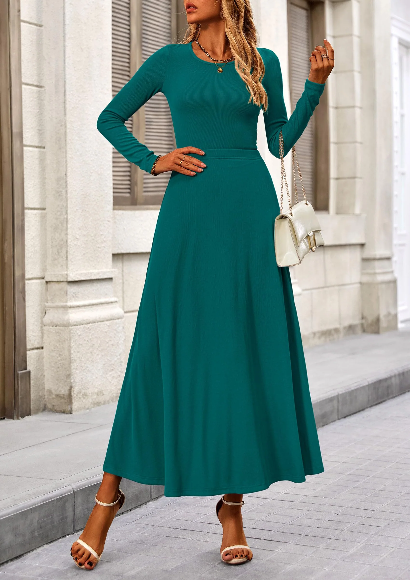 PRETTYGARDEN 2 Piece Casual Ribbed Knit Long Sleeve Crop Tops Maxi Flowy Skirts Matching Sets - Image 73