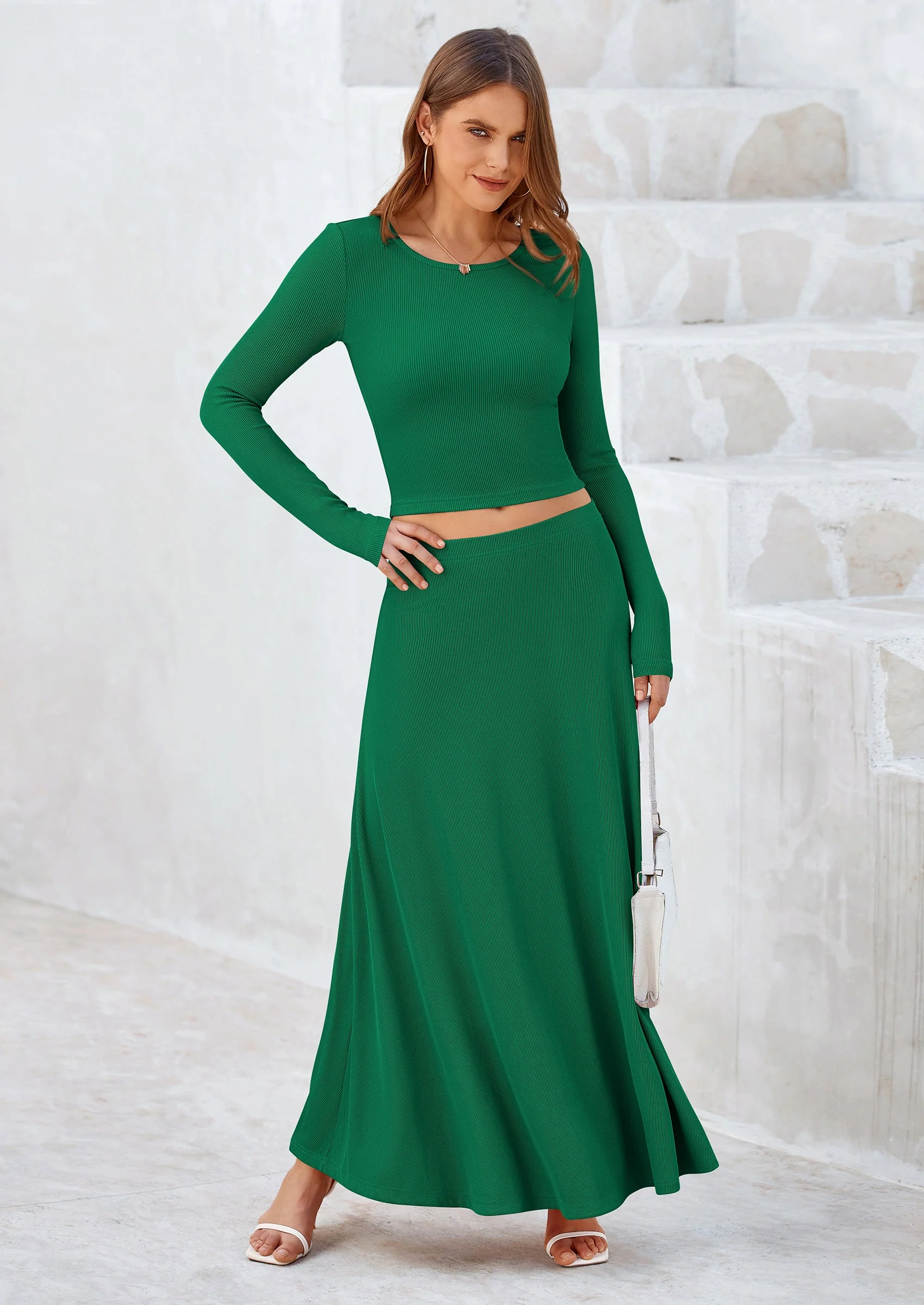 PRETTYGARDEN 2 Piece Casual Ribbed Knit Long Sleeve Crop Tops Maxi Flowy Skirts Matching Sets - Image 78