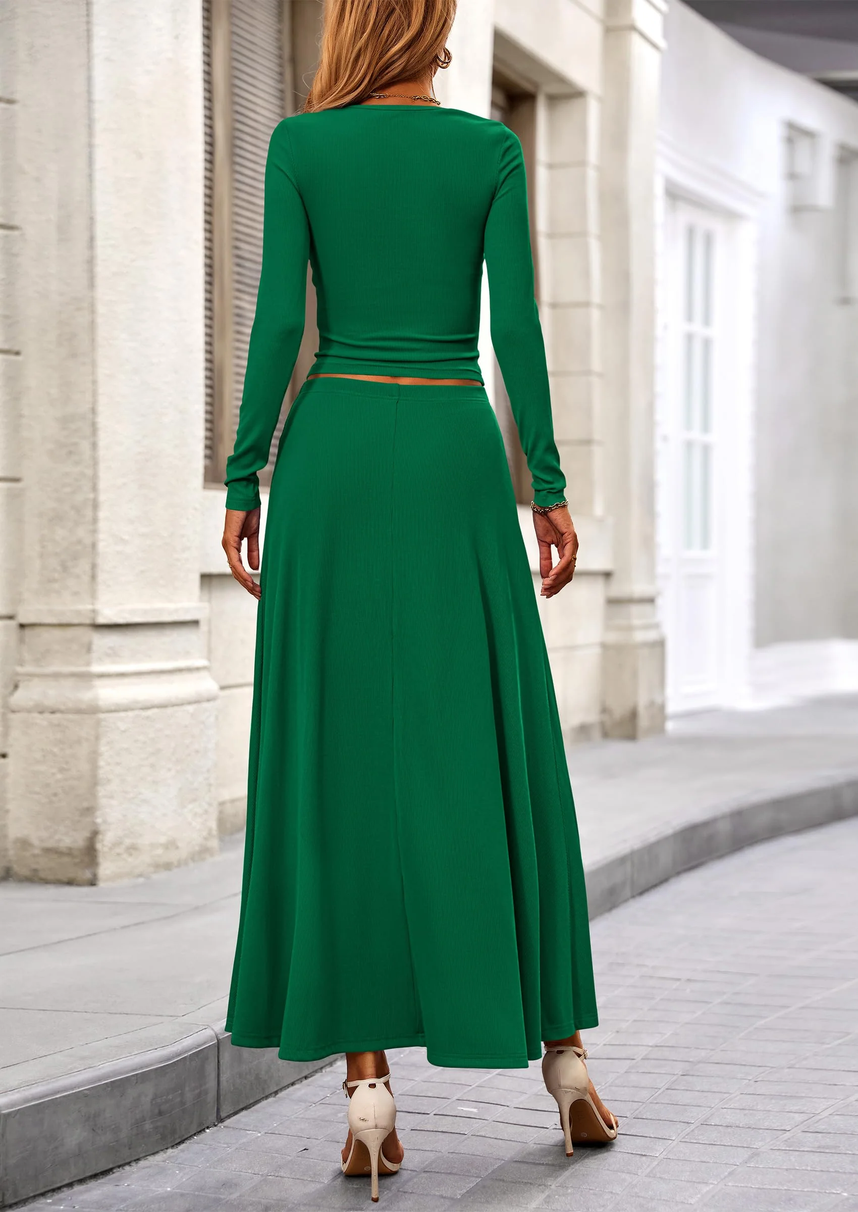PRETTYGARDEN 2 Piece Casual Ribbed Knit Long Sleeve Crop Tops Maxi Flowy Skirts Matching Sets - Image 79