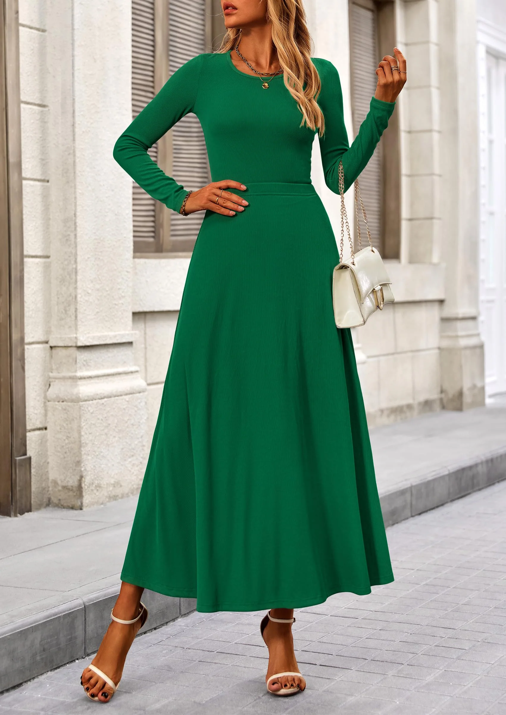 PRETTYGARDEN 2 Piece Casual Ribbed Knit Long Sleeve Crop Tops Maxi Flowy Skirts Matching Sets - Image 80