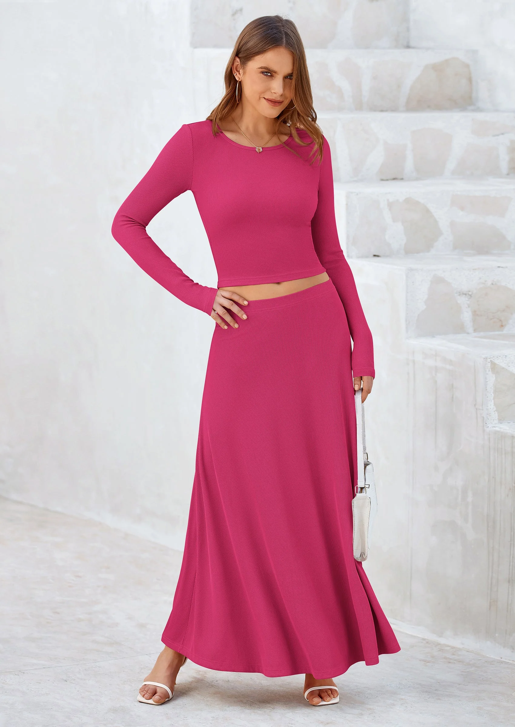 PRETTYGARDEN 2 Piece Casual Ribbed Knit Long Sleeve Crop Tops Maxi Flowy Skirts Matching Sets - Image 85