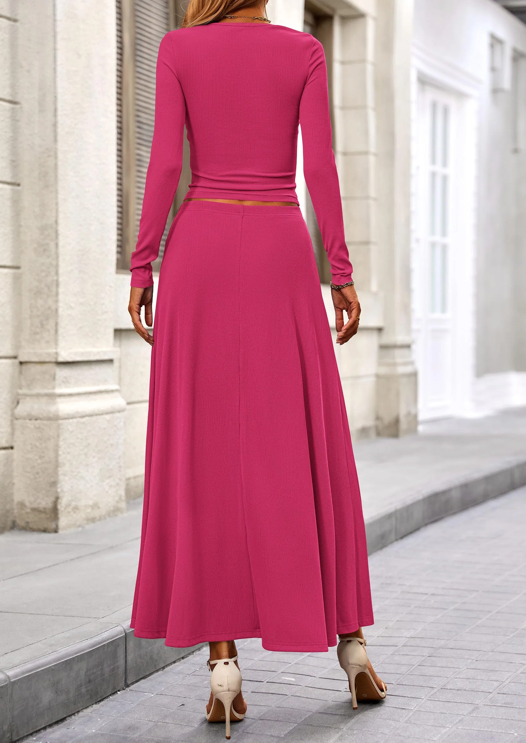 PRETTYGARDEN 2 Piece Casual Ribbed Knit Long Sleeve Crop Tops Maxi Flowy Skirts Matching Sets - Image 86